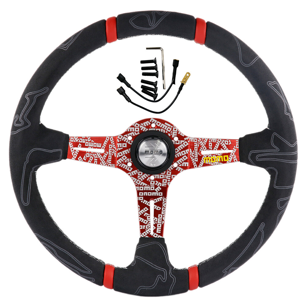 Red momo ULTRA 350mm/14\'\' Deep Dish Suede Racing Car Sport Steering Wheel
