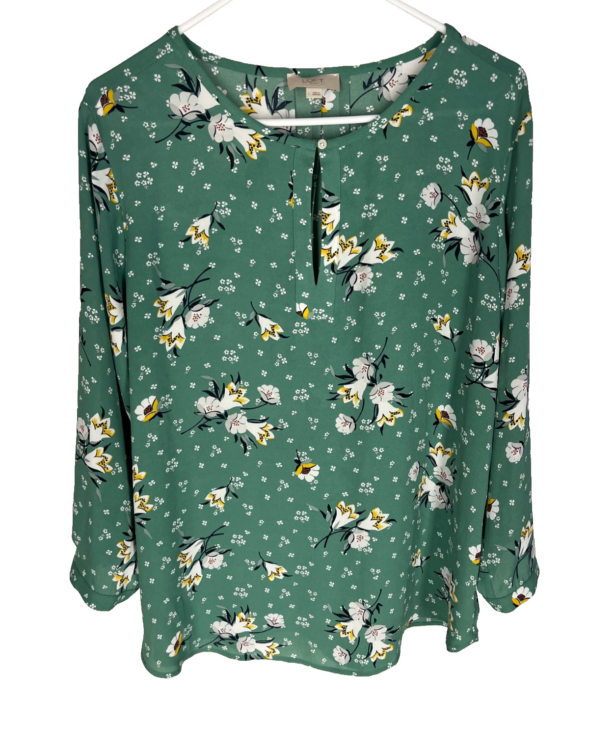ANN TAYLOR LOFT Top Large Green White Floral Long Sleeve Boho Summer Fall Blouse