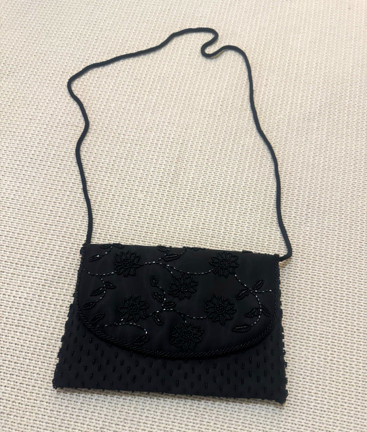 Vintage 1960’s Black Beaded Floral Small Shoulder Bag, Snap Closure