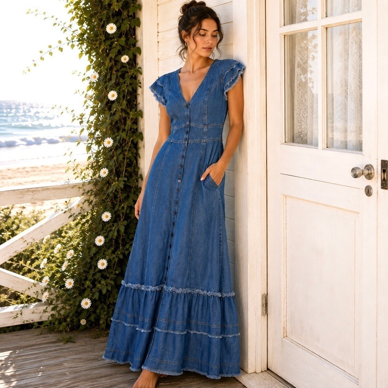 Anthropologie Indigo Poppy Medium Maxi Dress Cottagecore Romantic Boho Feminine
