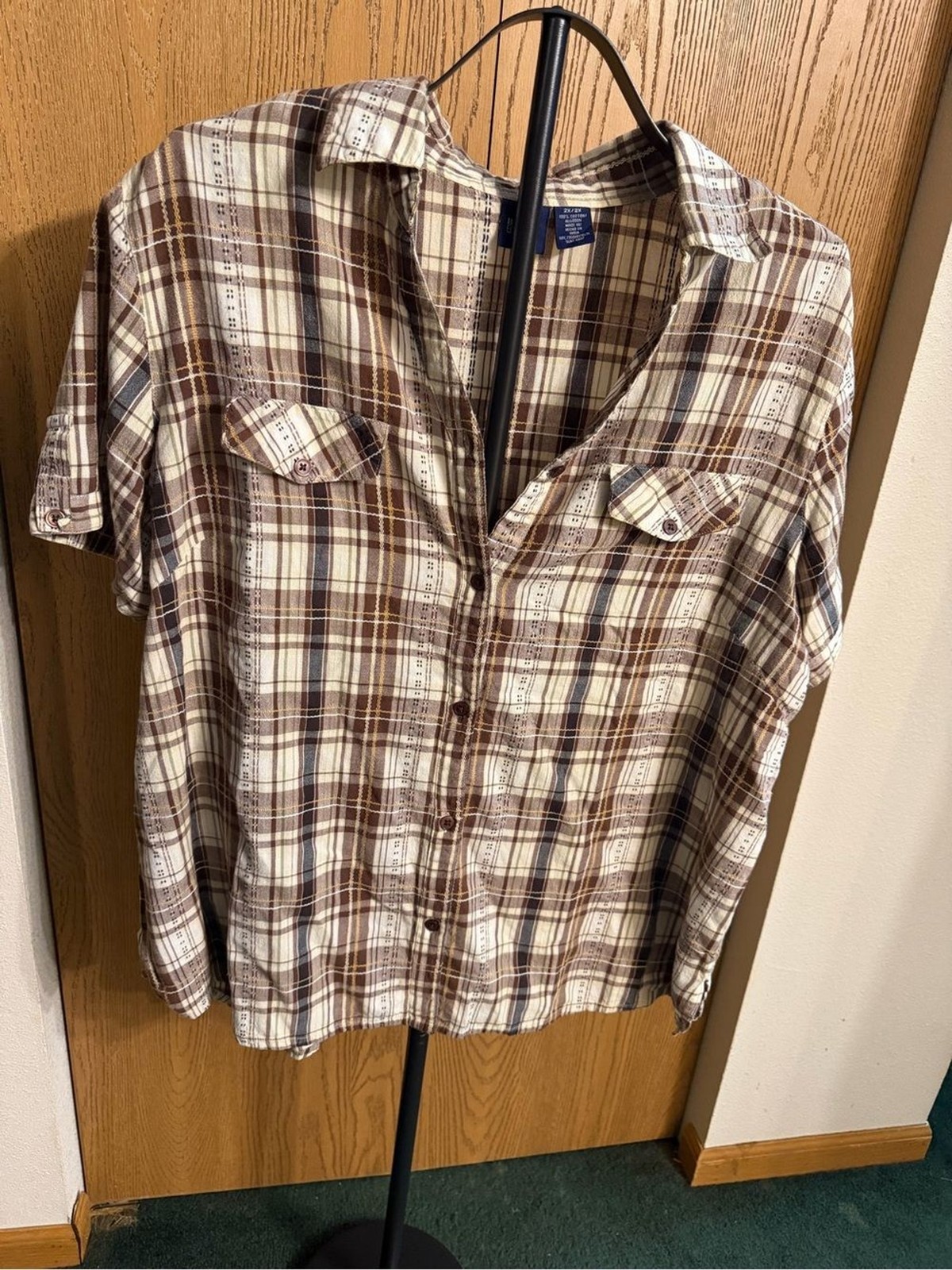 Women’s 100% Cotton Brown Plaid Button-Up Shirt 2X