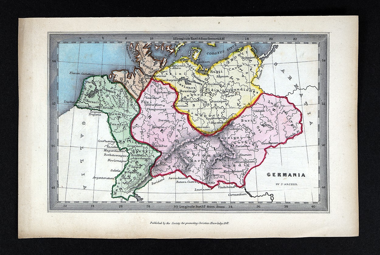 1847 Archer Map Ancient Germania Germany Poland Netherlands Czechia Bohemia