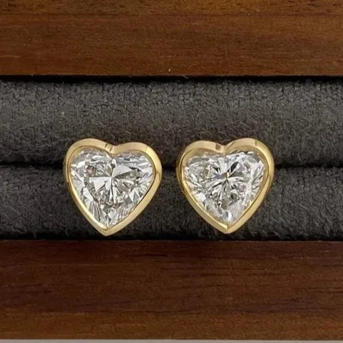 IGI 3.00 CT Heart-Cut E/VS Lab Grown Diamond Bezel Stud Earring 14K Yellow Gold