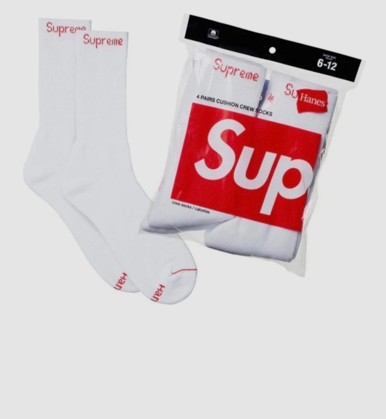 Supreme/Hanes Crew Socks Authentic White 4 Pack Size 6-12 Fast  🚚