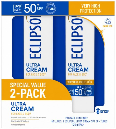 Eclipsol Ultra Sunscreen SPF 50+ Cream 2PACK, Face & Body, Water-Resistant 125g