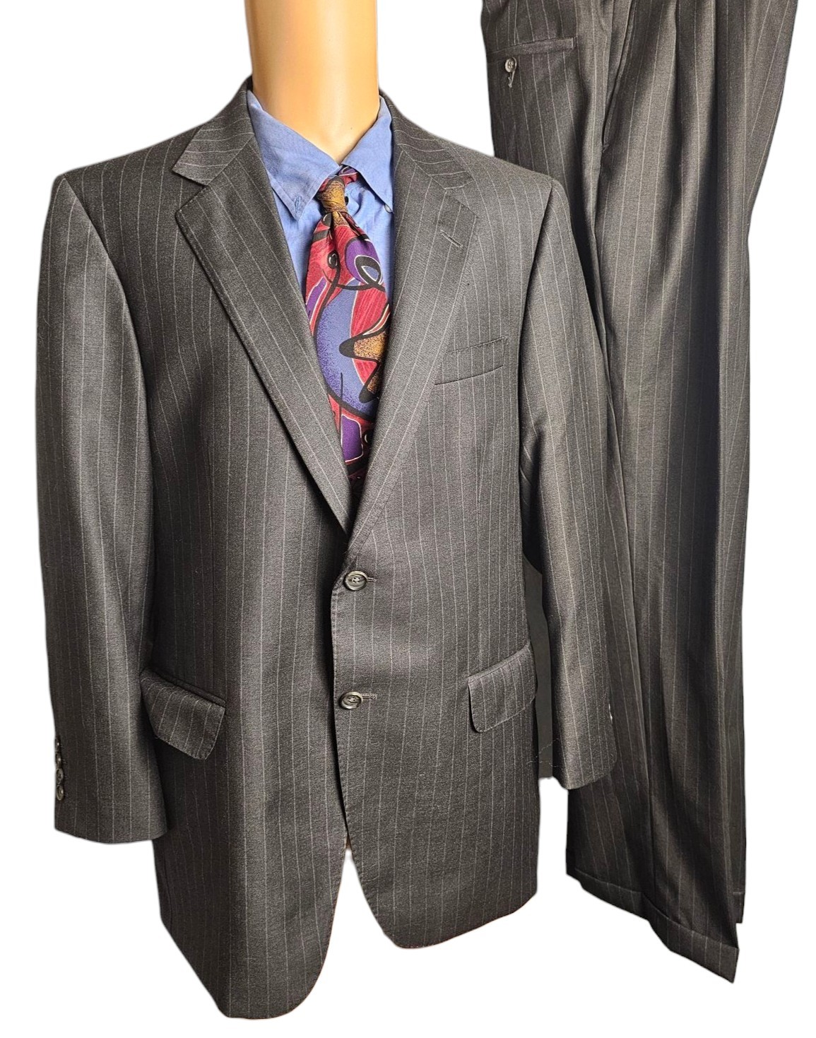 Coppley 1883 Mens Suit 43R Chalkline Stripe Double Vented Charcoal Slate Canada