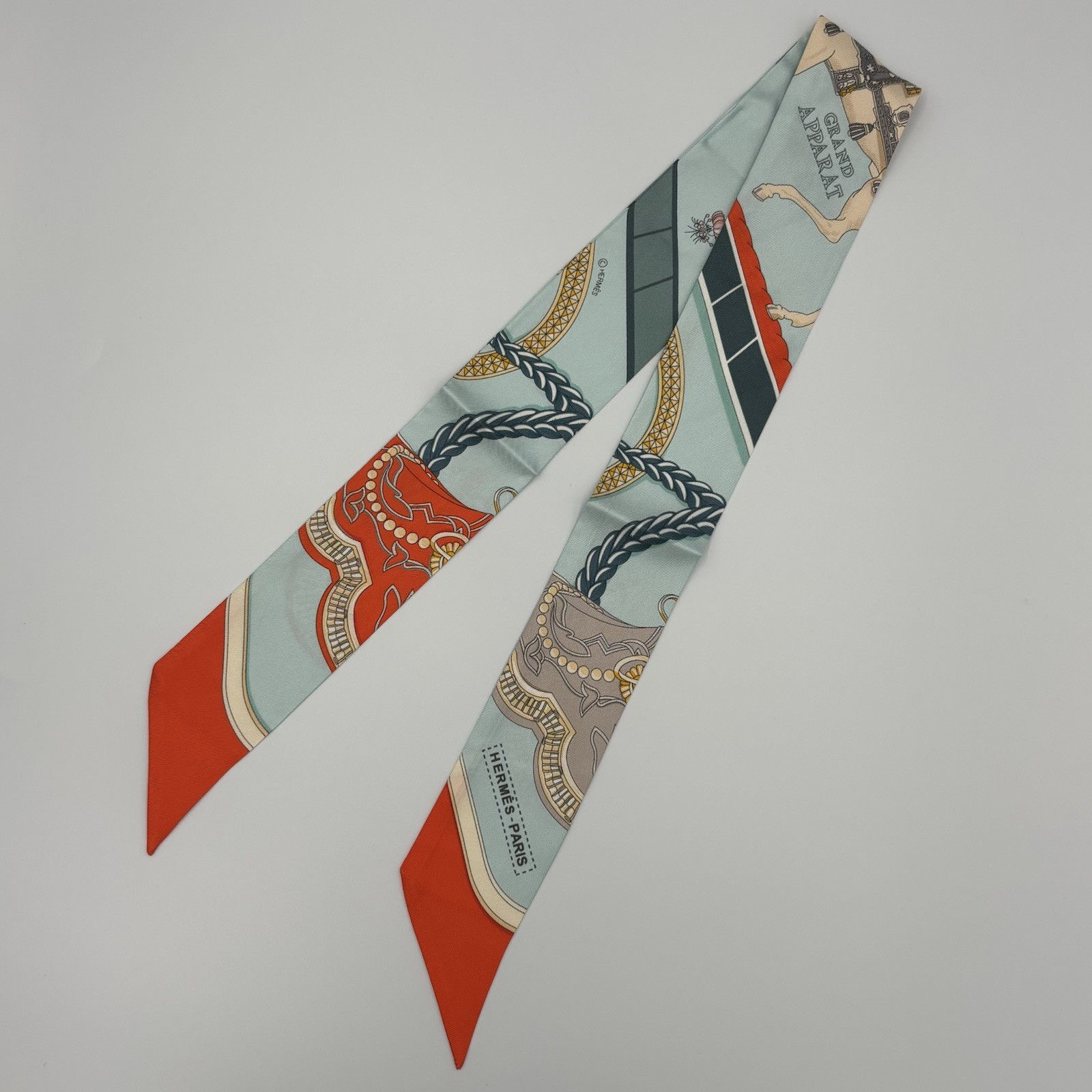 Hermes Grand Apparat Twilly Scarf Light Blue Orange Equestrian Silk