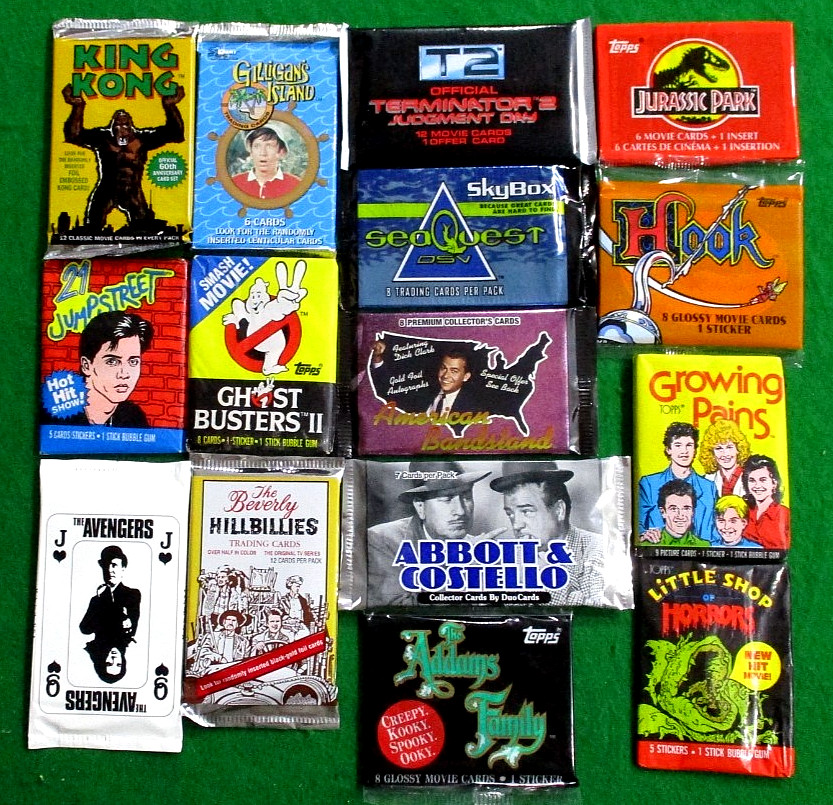 VINTAGE WAX /FOIL PACK LOT 15 diff. JURASSIC-KOND-LITTLE SHOP-GILLIGAN'S-ADDAMS+