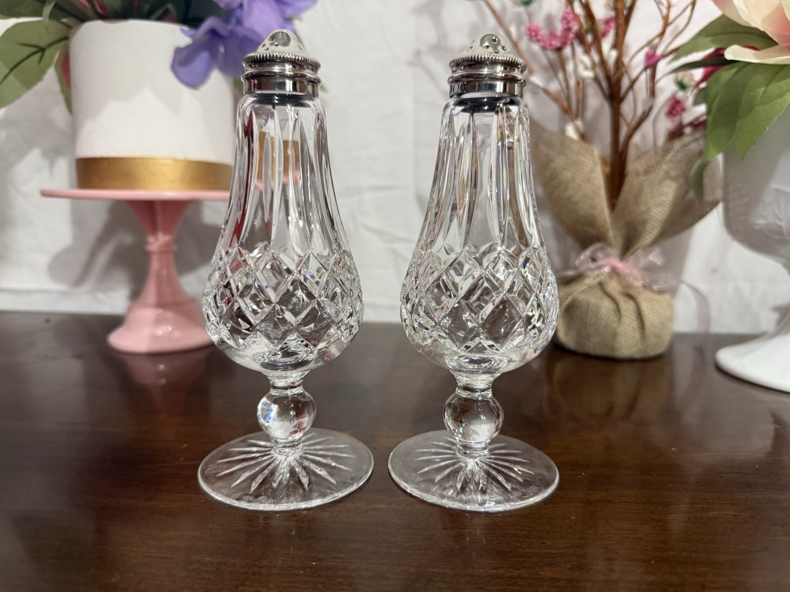 VTG Waterford Crystal Lismore Footed Salt & Pepper Shakers With Silverplated Lid VTG Waterford Crystal Lismore Footed Salt & Pepper Shakers With Silverplated Lid