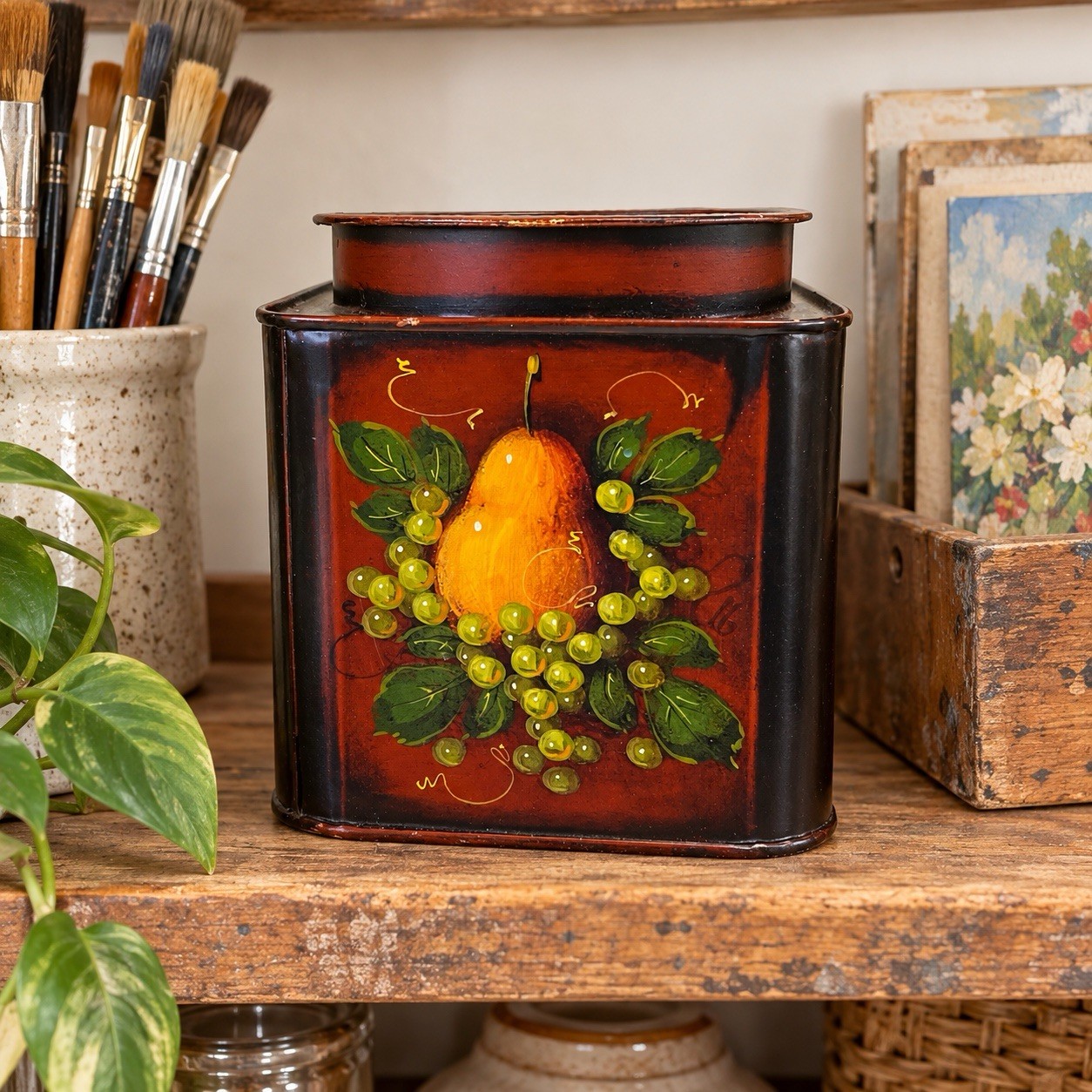 John Dunn Signed Folk Art Hand Painted Tole Tin Pear Grapes Lidded Canister