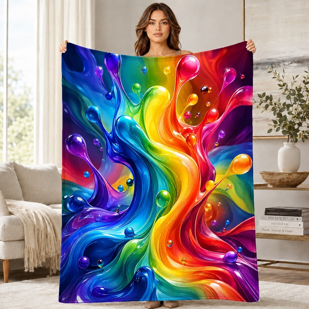 Glossy Rainbow Liquid Splash Coral Fleece Blanket Abstract Colorful Decor