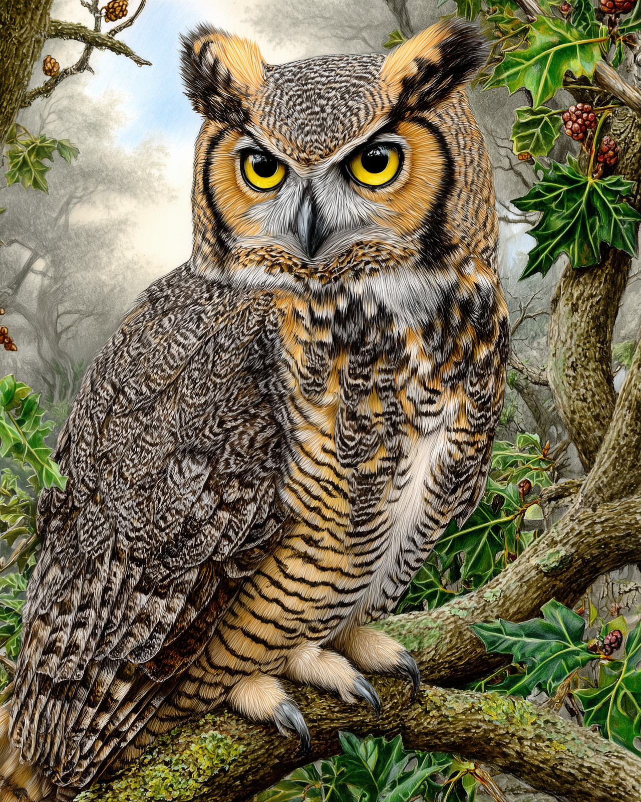 Great Horned Owl Perched on Holly Branch Print - 834220116
