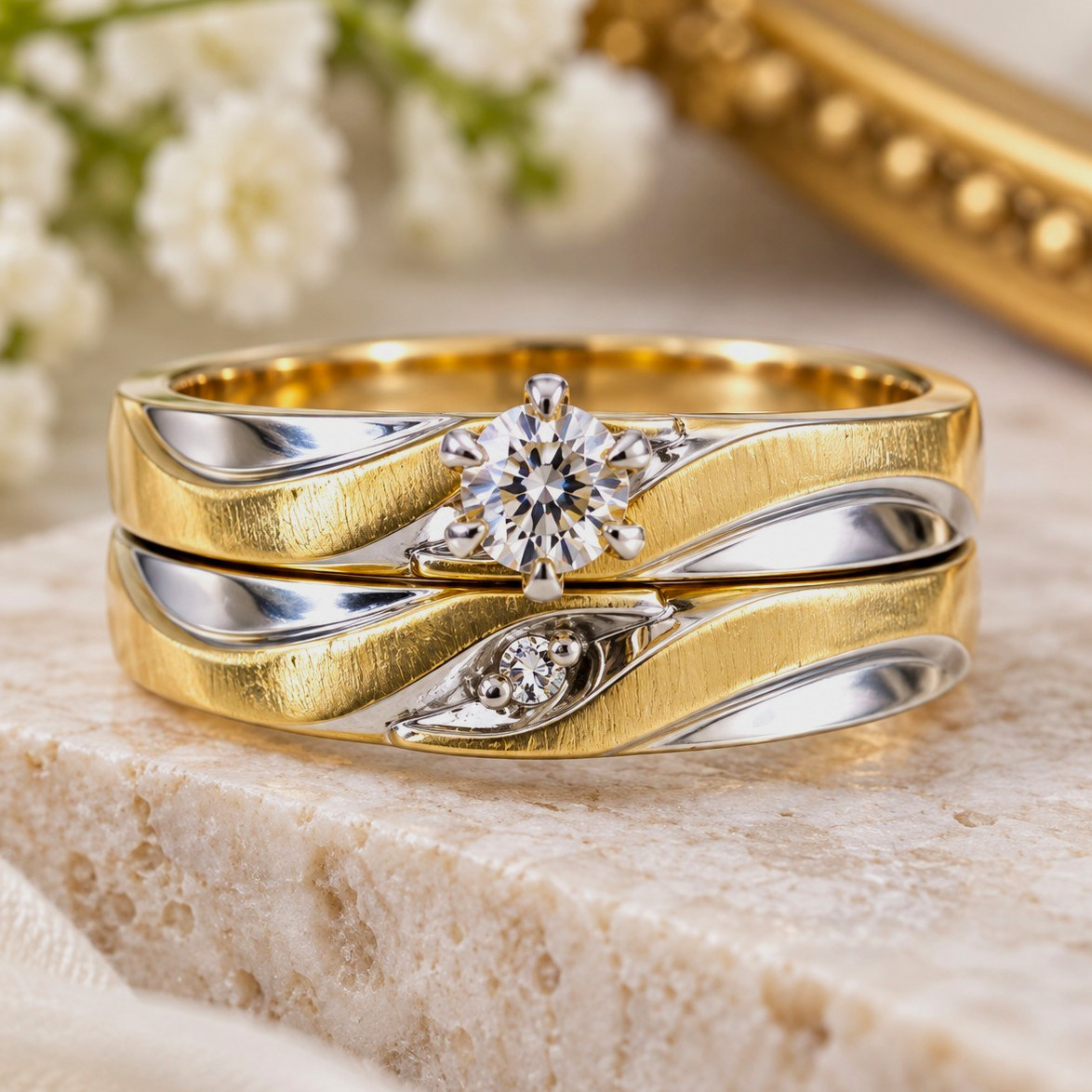 Vintage 14K Two-Tone Gold Diamond Wedding Ring Set Crescent Size 7.75