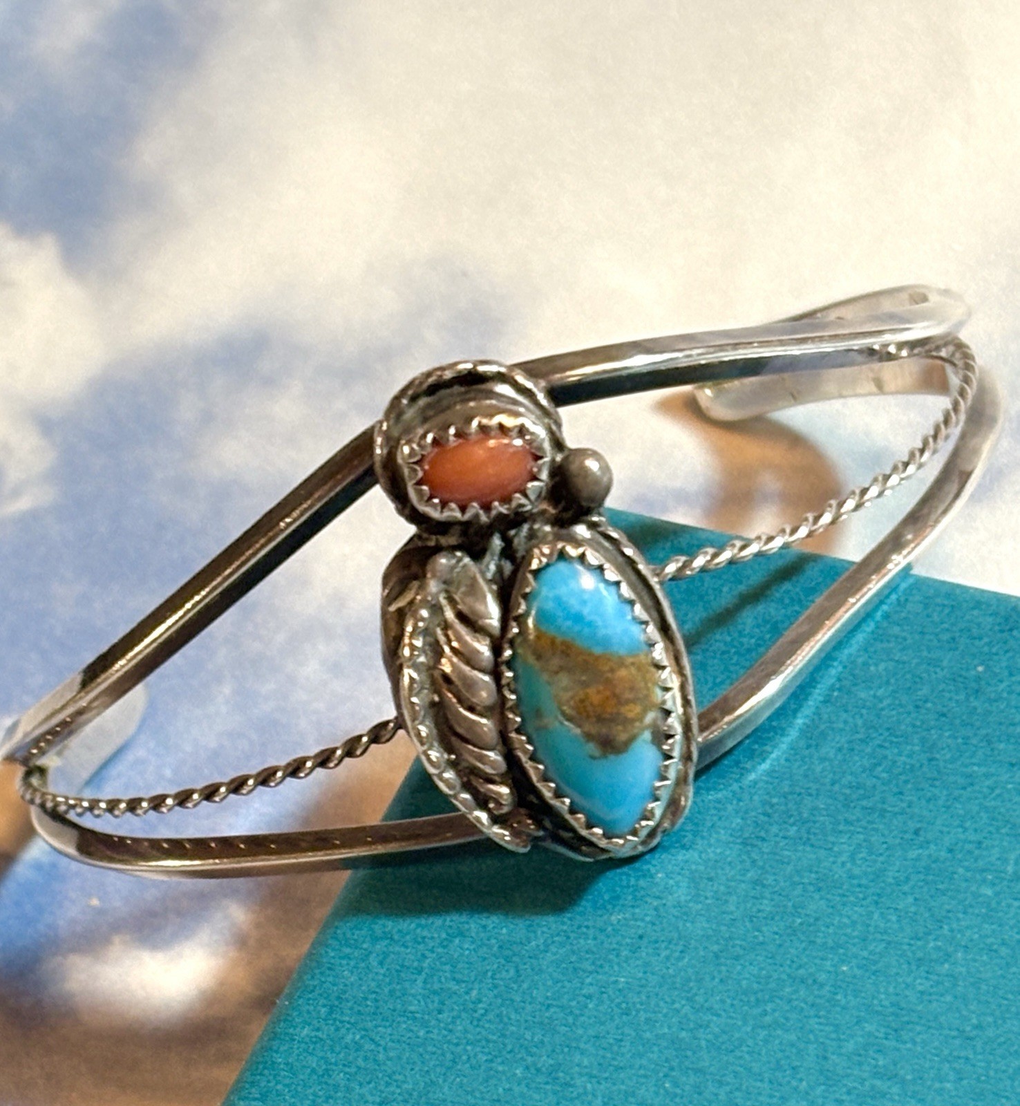 18g Navajo C Monroe Sterling Silver Turquoise & Coral 925 Cuff Bracelet 6.5\