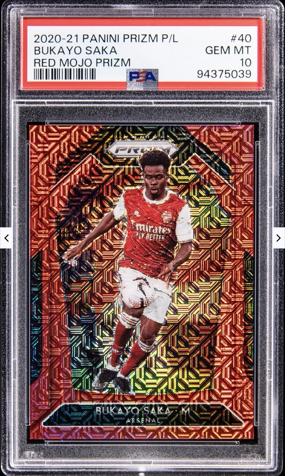 2020-21 Panini Prizm EPL Bukayo Saka Red Mojo /135 PSA 10 #40