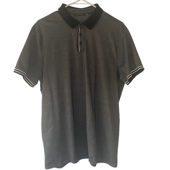 Perry Ellis Polo Shirt Gray Striped Trim Short Sleeve Casual Men\'s Size L EUC
