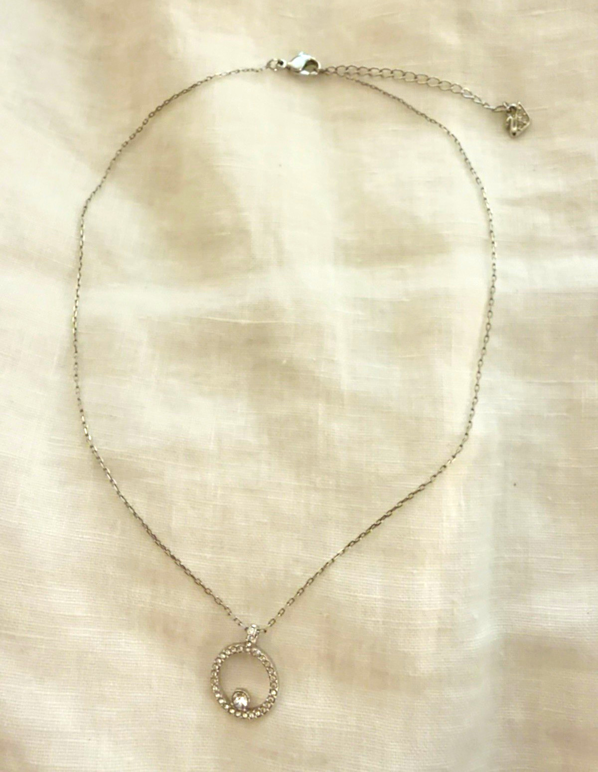 Swarovski Silver Tone Crystal Circle Pendant Necklace 15-17” Signed