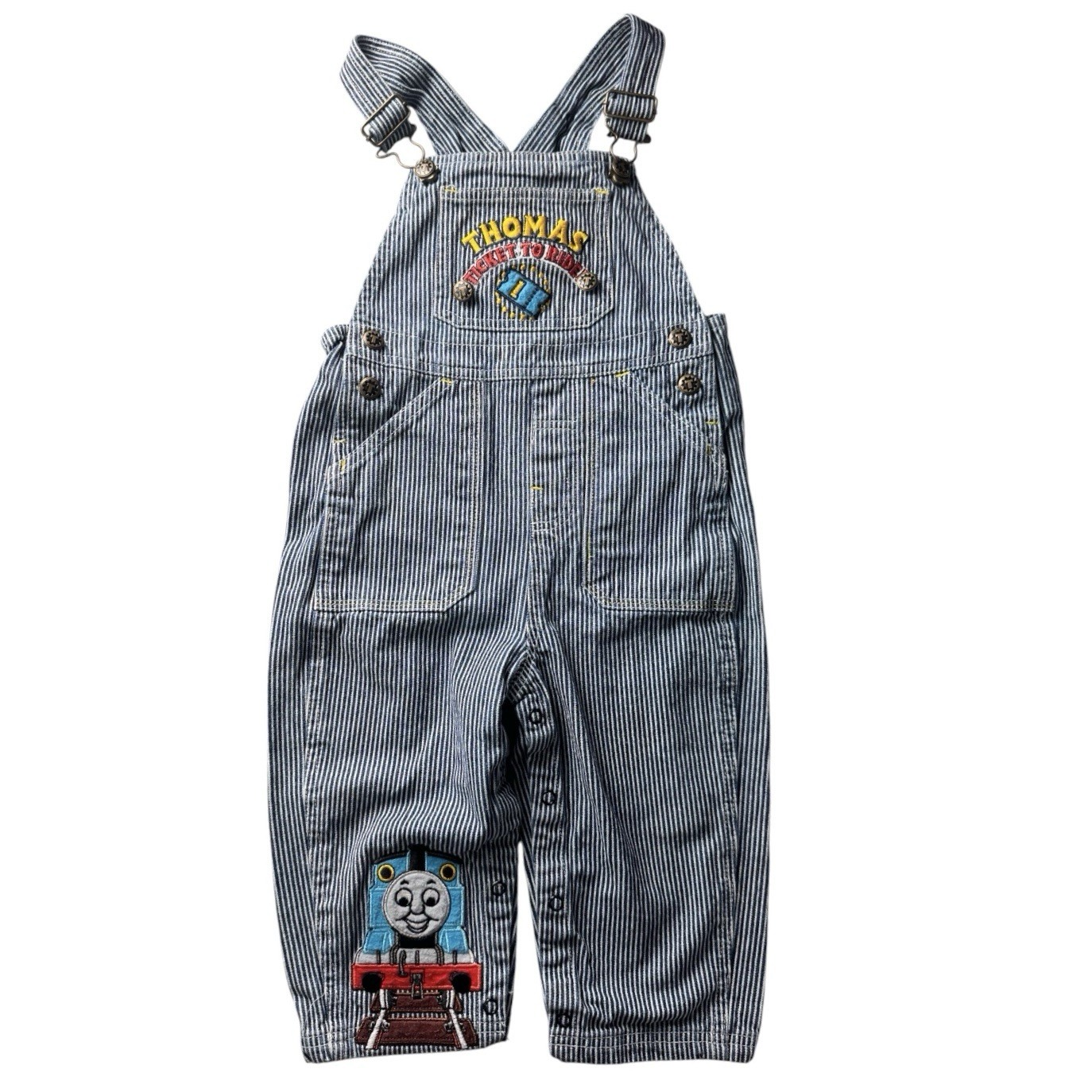 Vintage Thomas the Train Tank Engine Railroad Stripe Denim Overalls 2006 Sz 24M