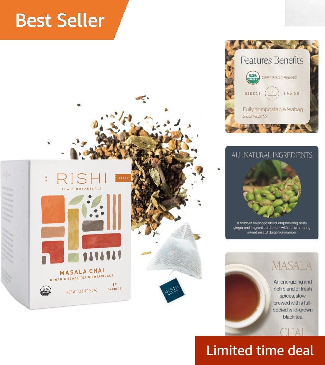 Indulge in Rishi\'s Organic Masala Chai - 15 Sachet Tea Bags for Energy Boosting