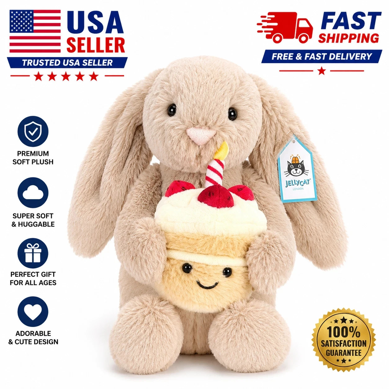Jellycat Bashful Beige Bunny Birthday Cake Plush Soft Toy with Tags & Dust Bag