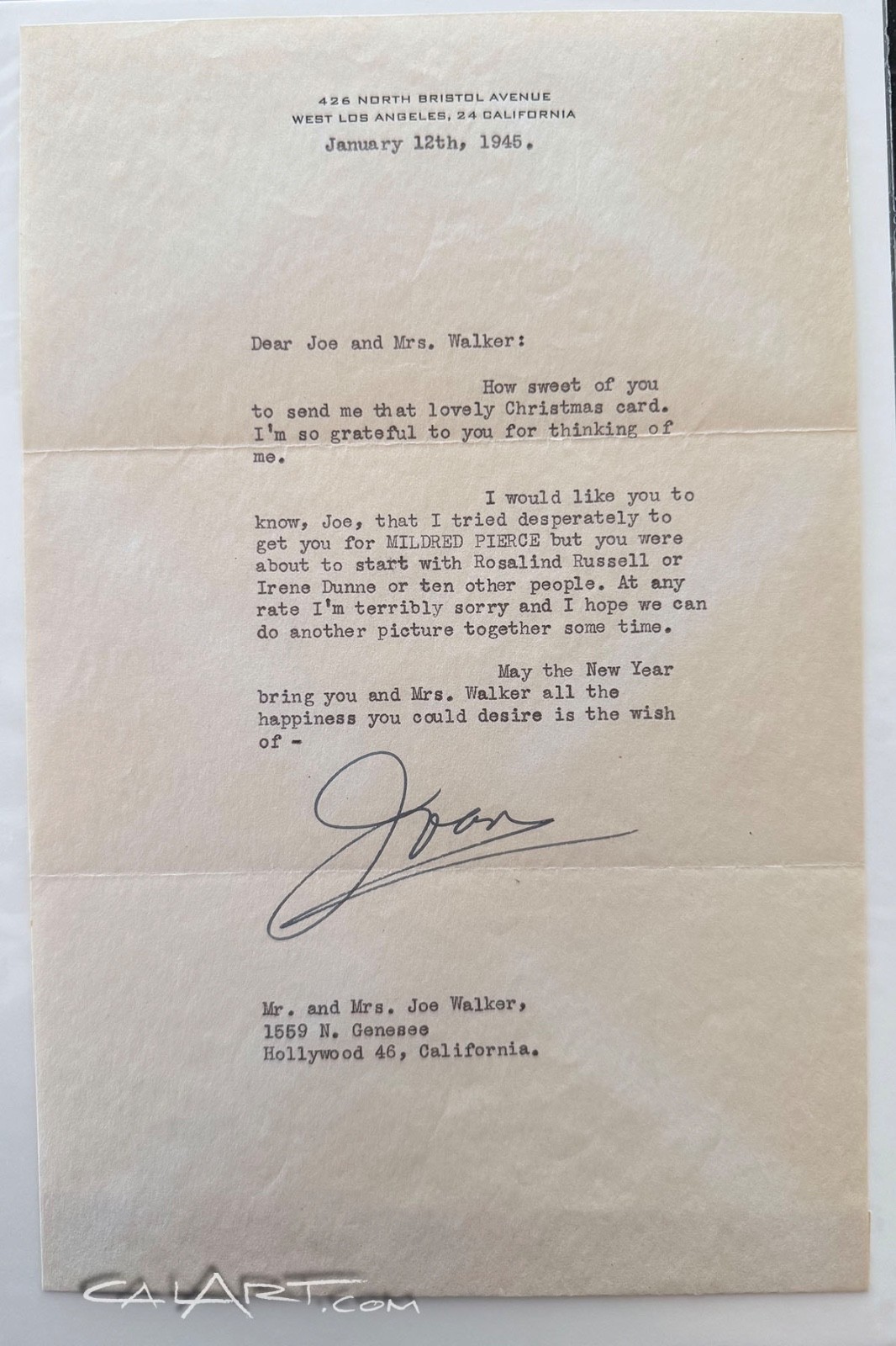 1945 JOAN CRAWFORD Letter about MILDRED PIERCE Role & Rosalind Russell PSA/DNA