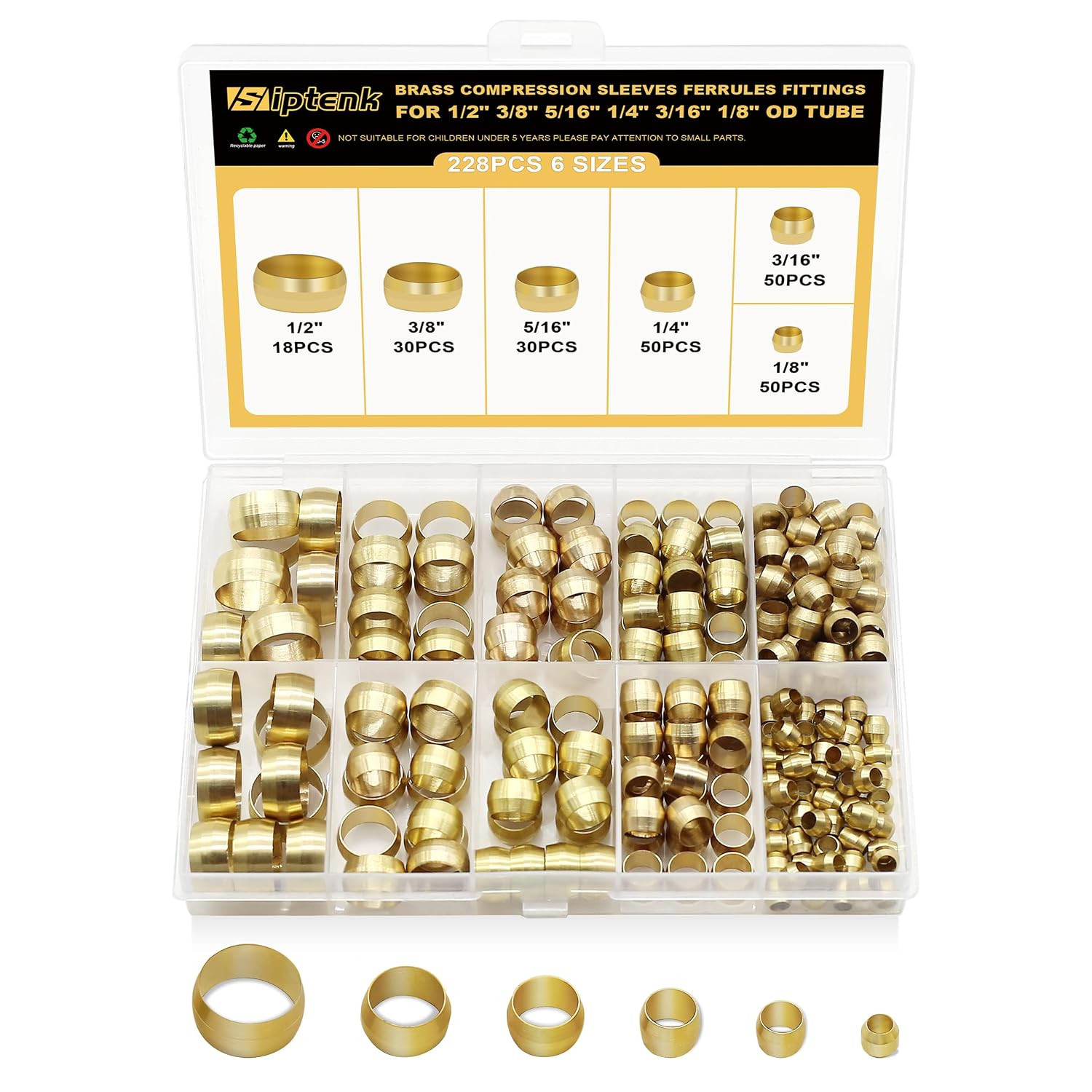 228PCS Brass Compression Ferrules Kit 6 Sizes for Air Brake Hose Tubing