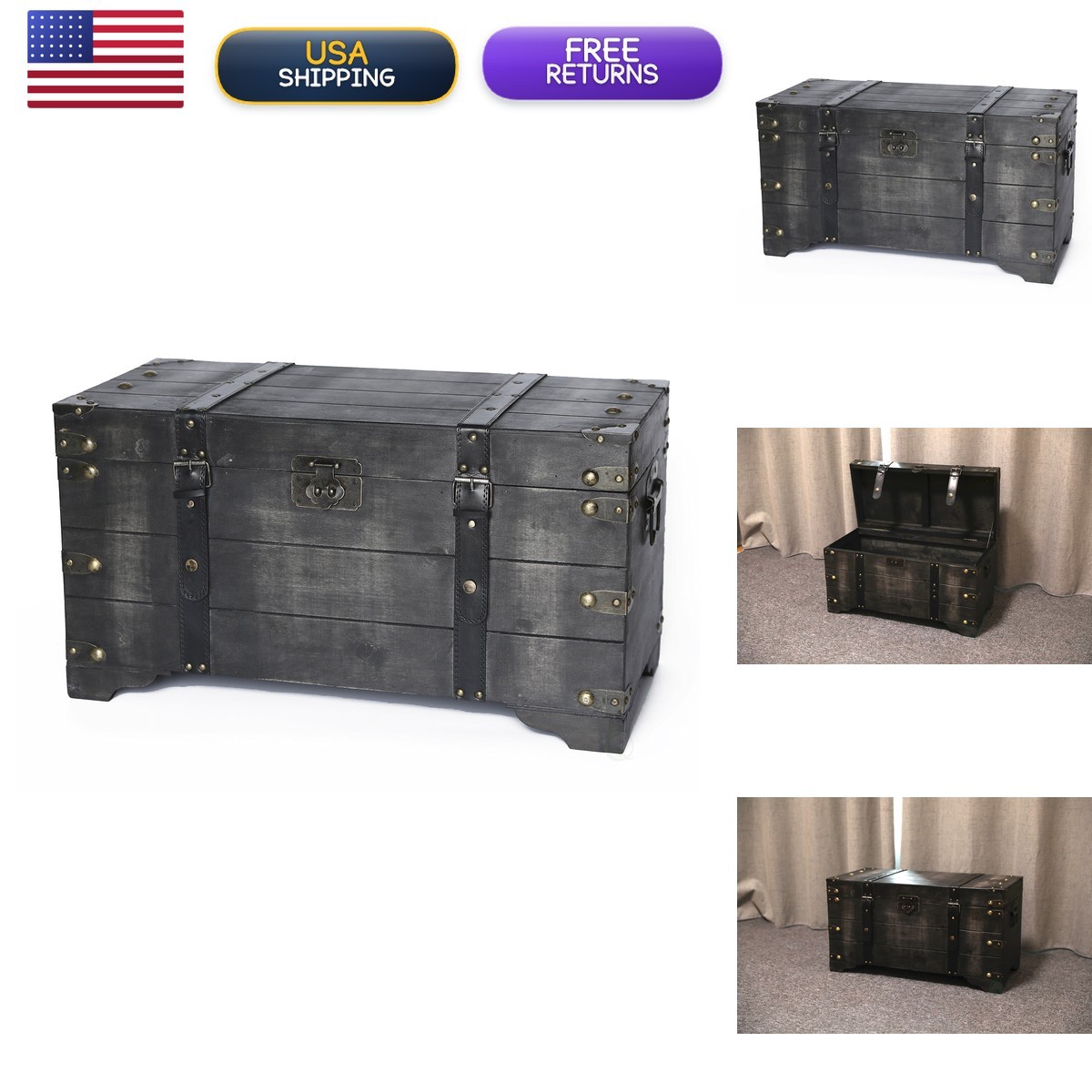 Vintiquewise Distressed Black Medium Wooden Storage Trunk