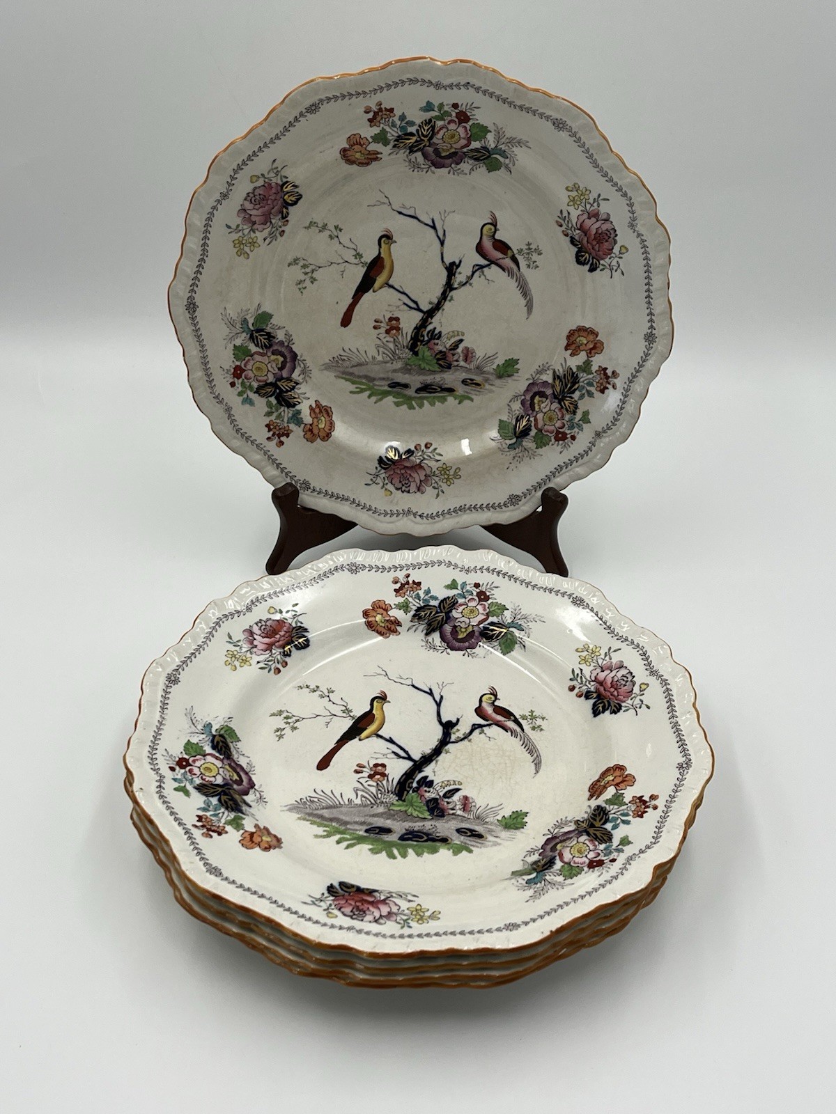 Rare Set Of 5 Antique C1910 Masons Ironstone Paynsley Plates Bird Floral England Rare Set Of 5 Antique C1910 Masons Ironstone Paynsley Plates Bird Floral England