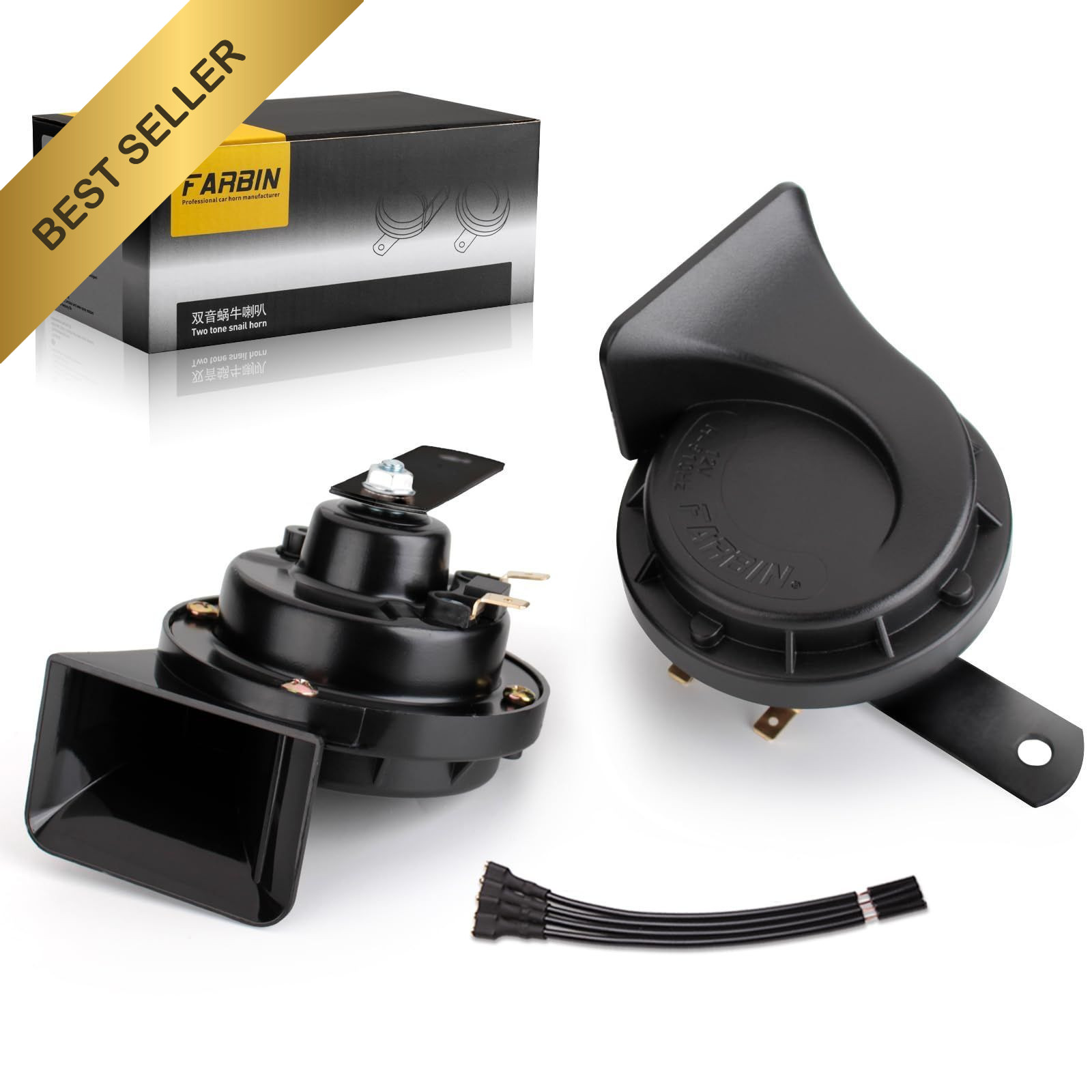 FARBIN Car Horn 12V Loud Dual-Tone Waterproof Electric Snail Kit Black Universal