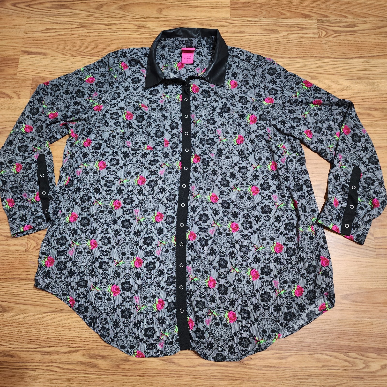 Betsy Johnson Torrid Rose Skull Tunic Goth Punk Sheer Blouse Sz 1 Dark Romantic