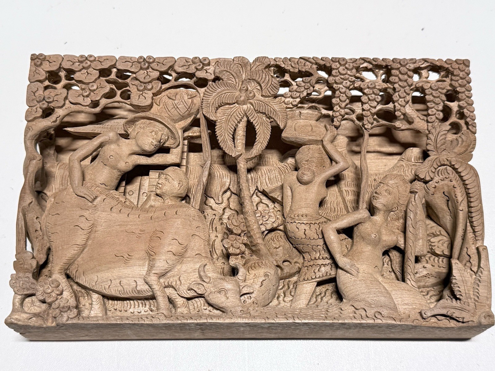 Vintage Balinese Hand-Carved Wood Wall Art Panel – Intricate High-Relief Scene
