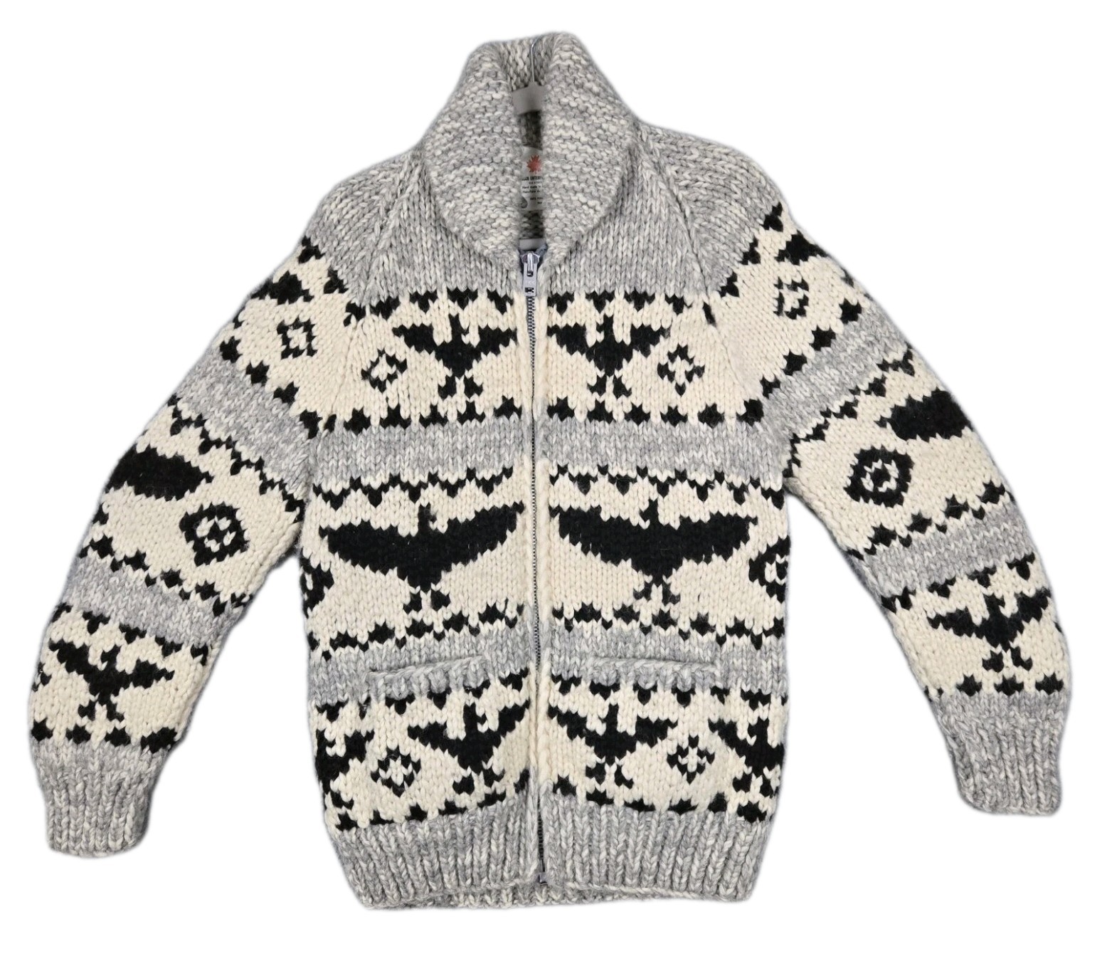 Canadian Vintage Cowichan Full-Zip Shawl Sweater Thick Hand-Knit Wool Unisex S