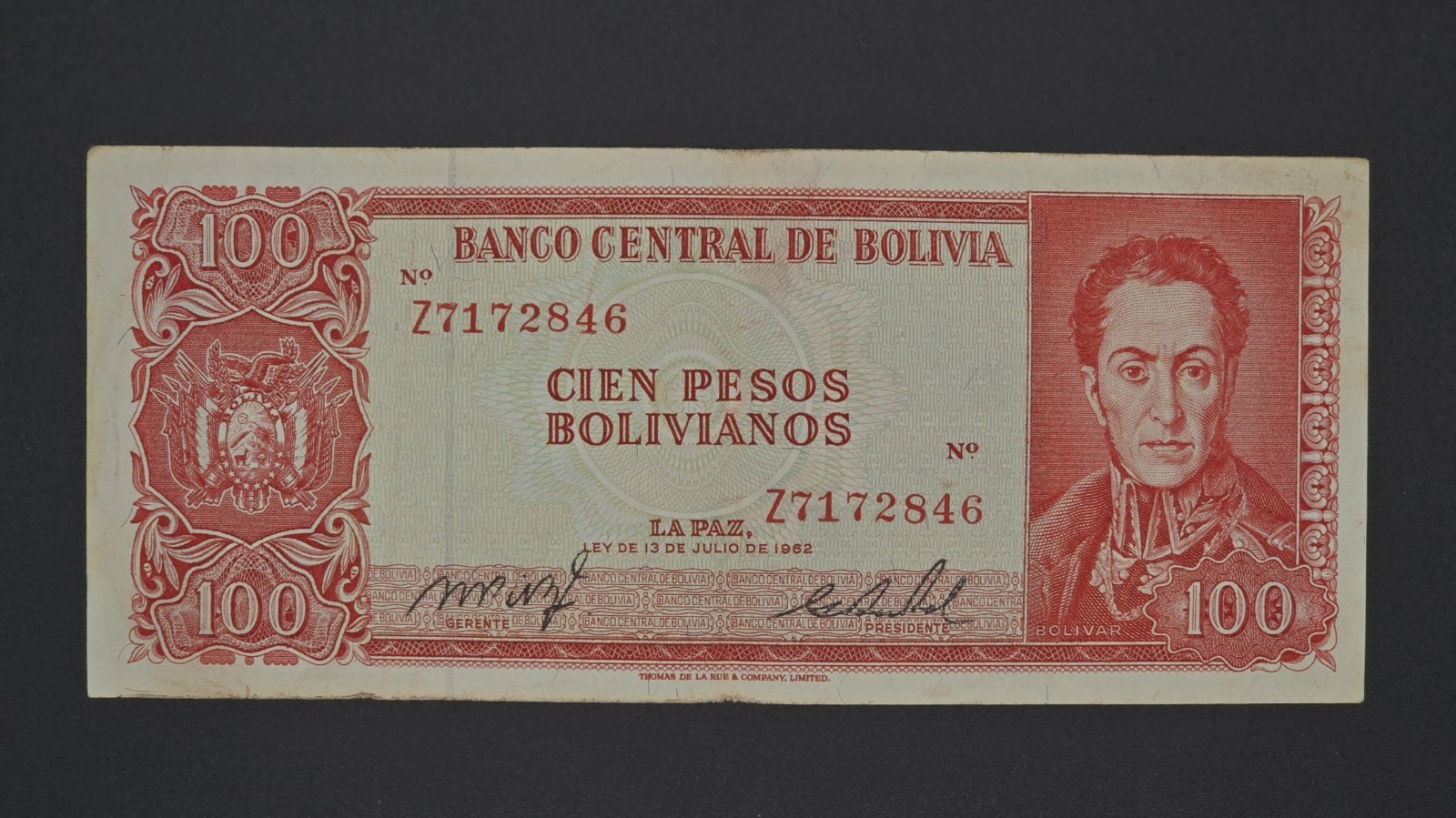 Bolivia 100 Pesos 1962 (1982), REPLACEMENT Note, P-157a, VF, S# Z7172846 SCARCE