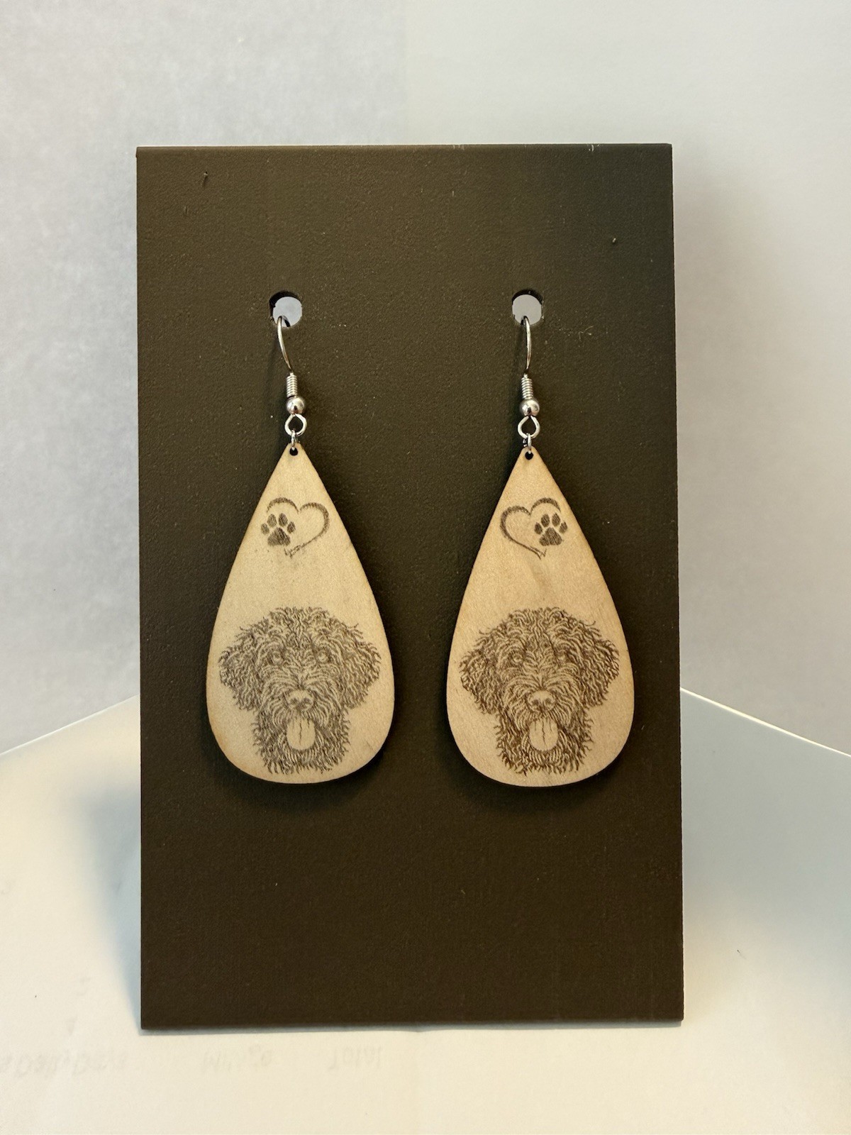 Wood Engraved Goldendoodle Earrings - Happy Fluffy Goldendoodle Earrings
