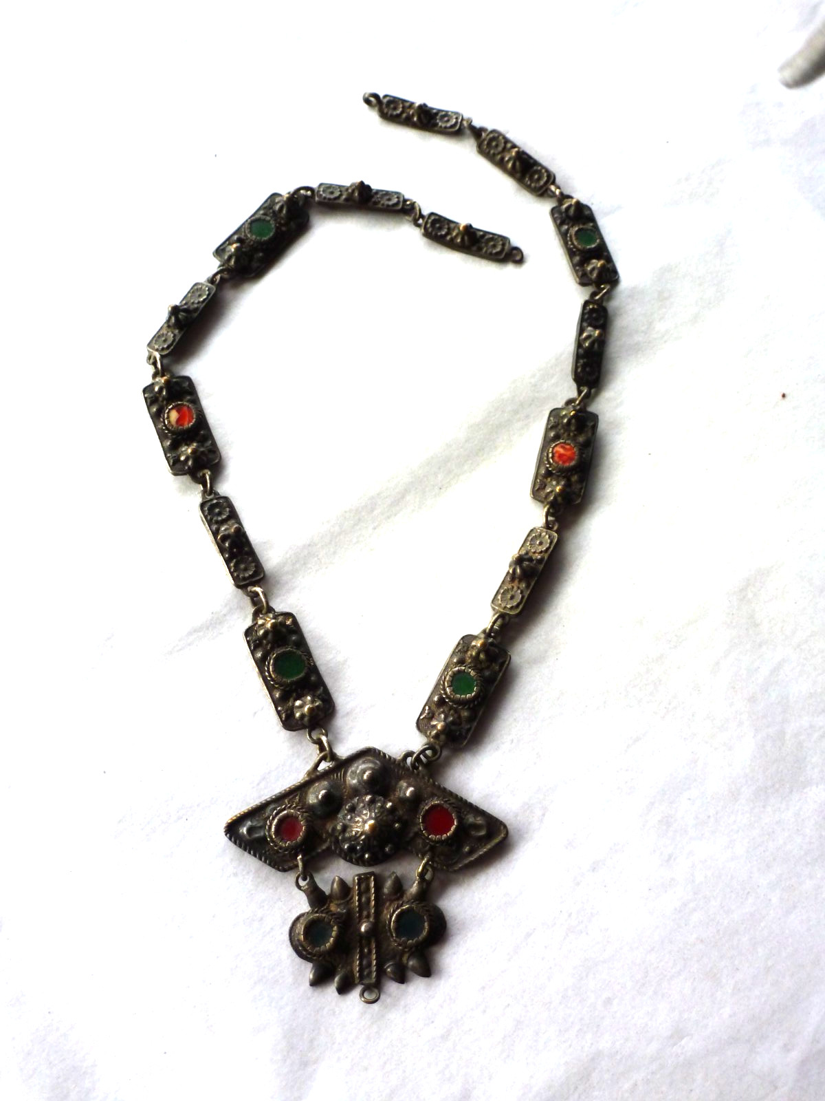Antique Moroccan Berber Silver Necklace with Pendant and Enamel Accents