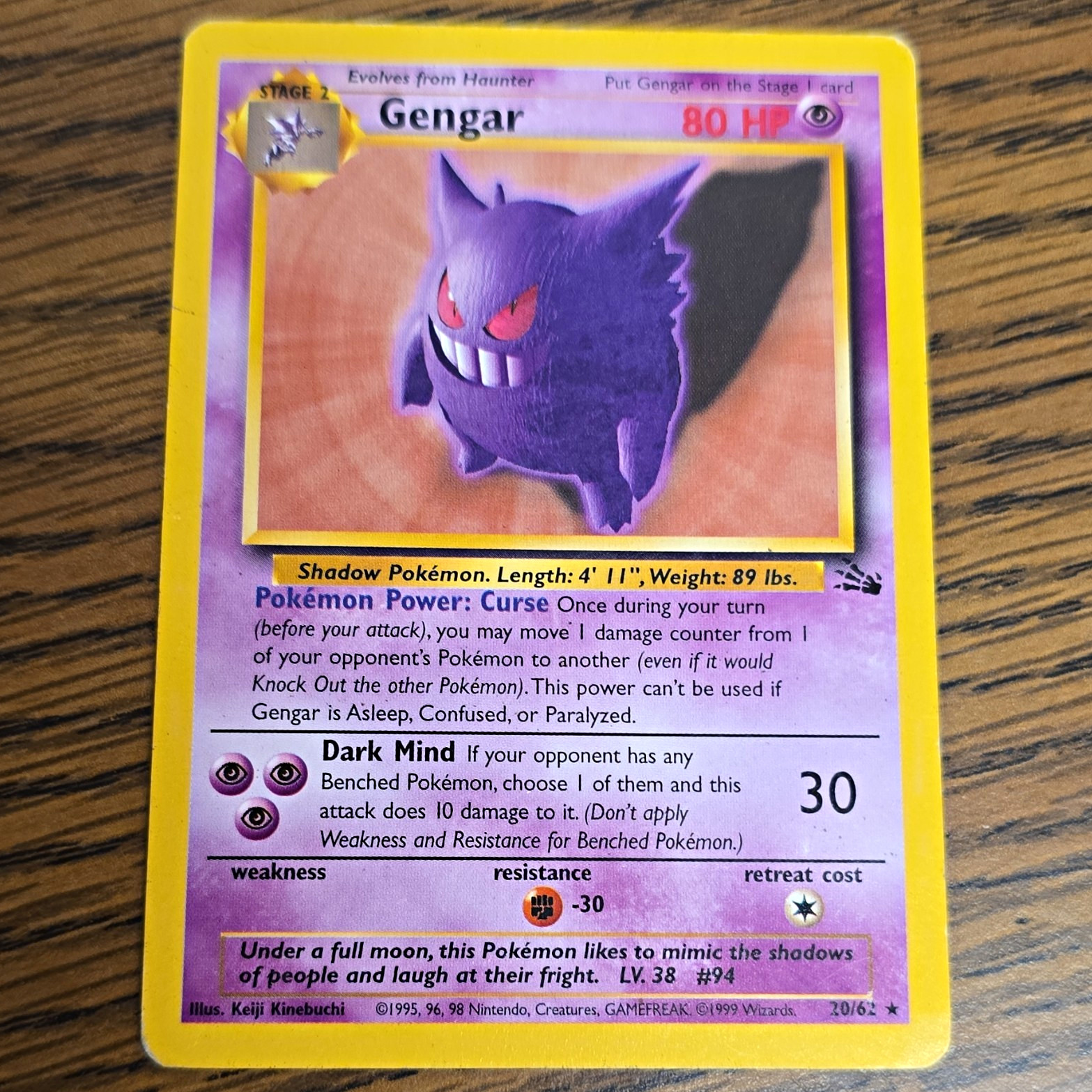 Wizards of the Coast Gengar 20/62 Fossil  Rare English 1999 80 HP Stage 2