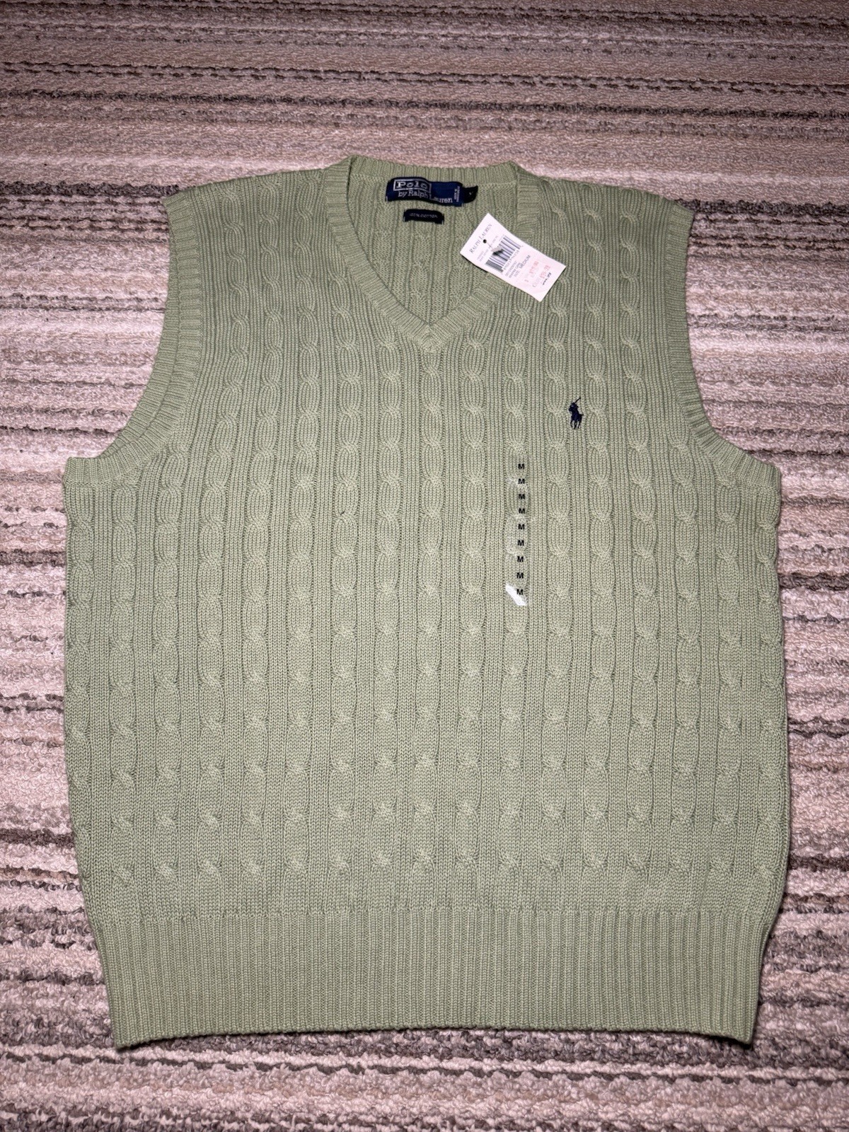 NEW NWT Vintage Polo Ralph Lauren V-Neck Sweater Vest Cable Knit Green Medium