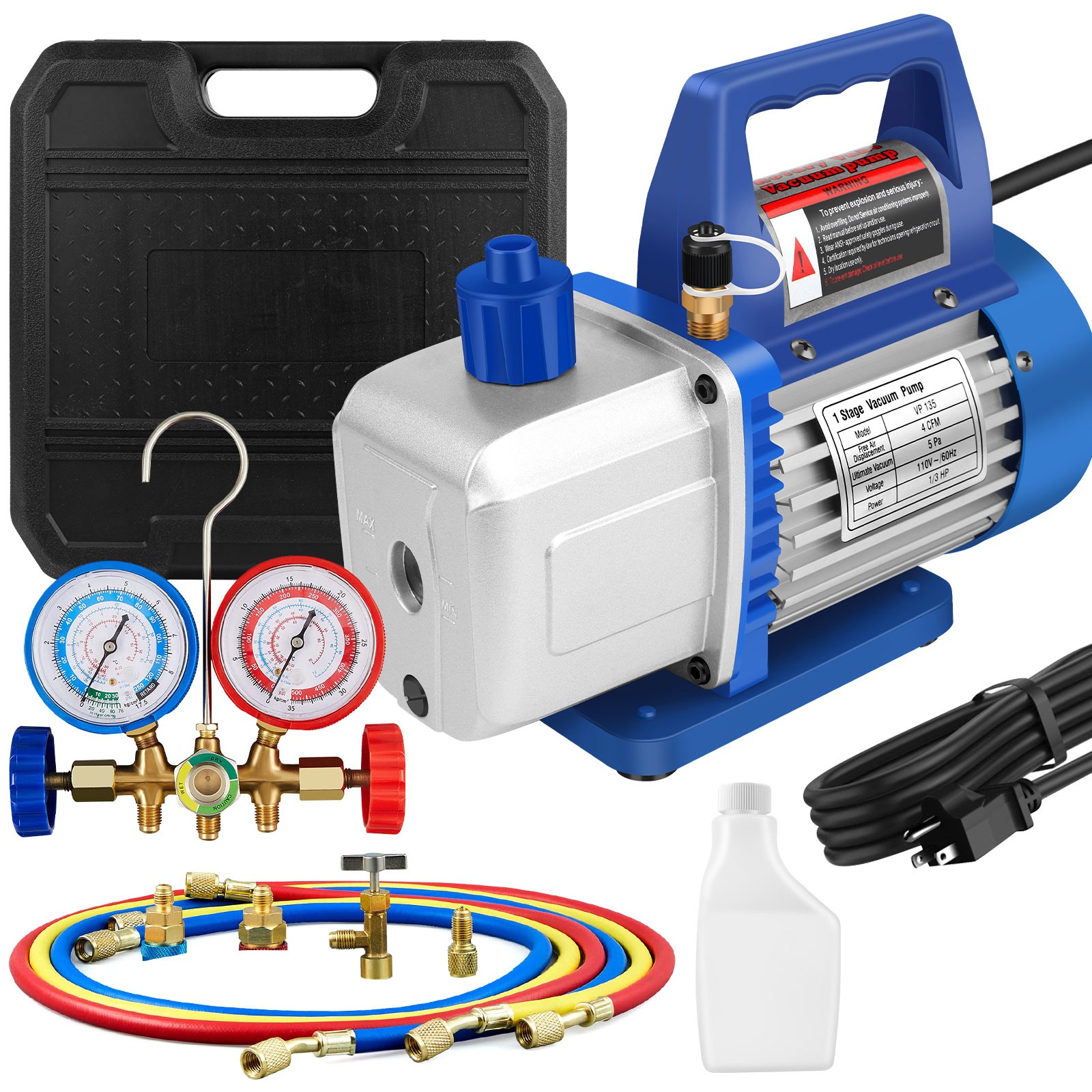 4 CFM 1/3HP Air Vacuum Pump HVAC Manifold Gauge Set AC A/C Refrigeration Kit US