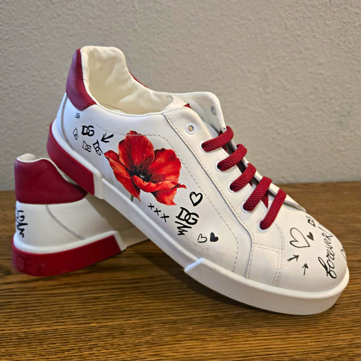 Dolce & Gabbana Portofino Leather Floral Custom Low Top Lace-Up Sneaker