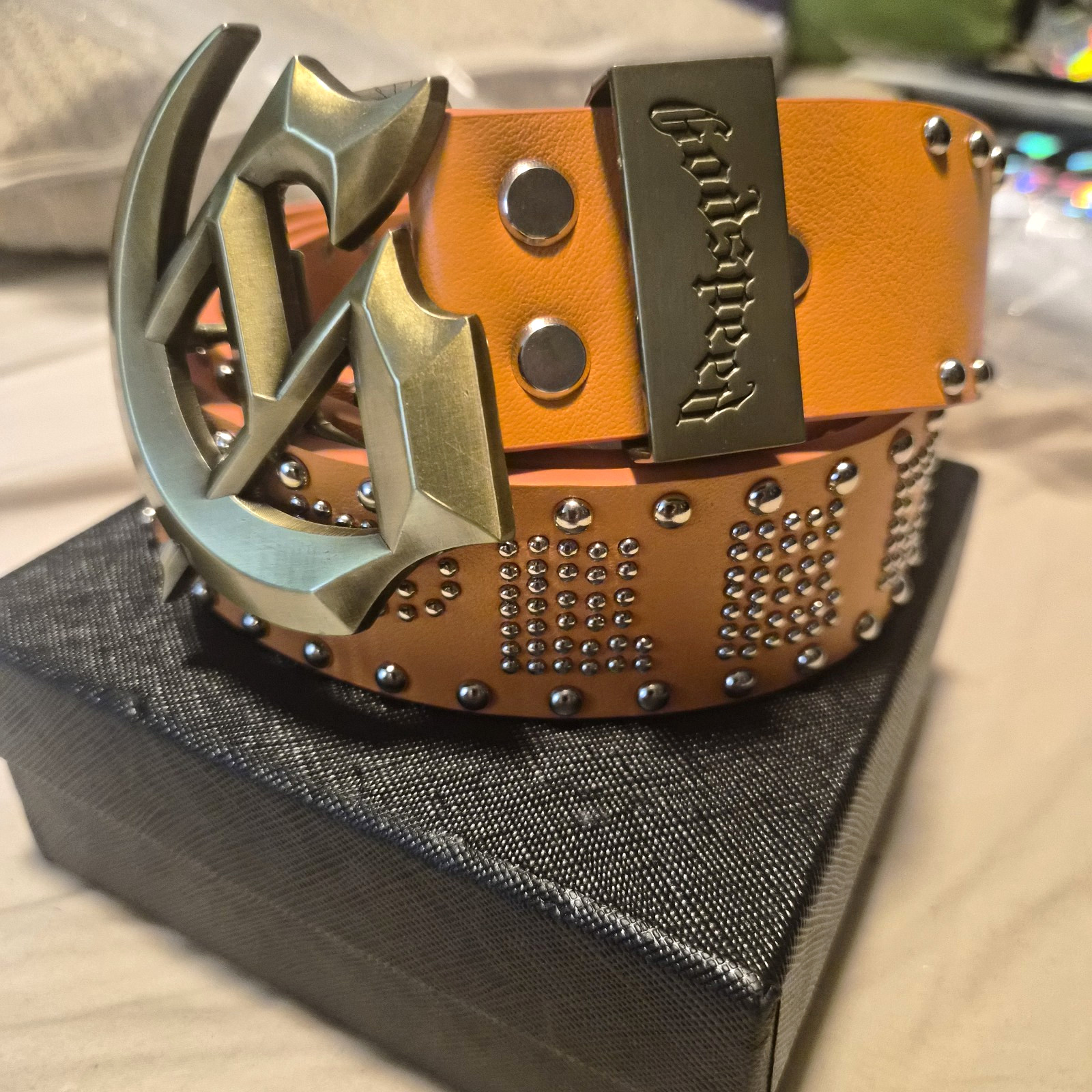 Godspeed Men\'s Orange Studded Logo Belt w/ Large Buckle Adjustable 1.5\