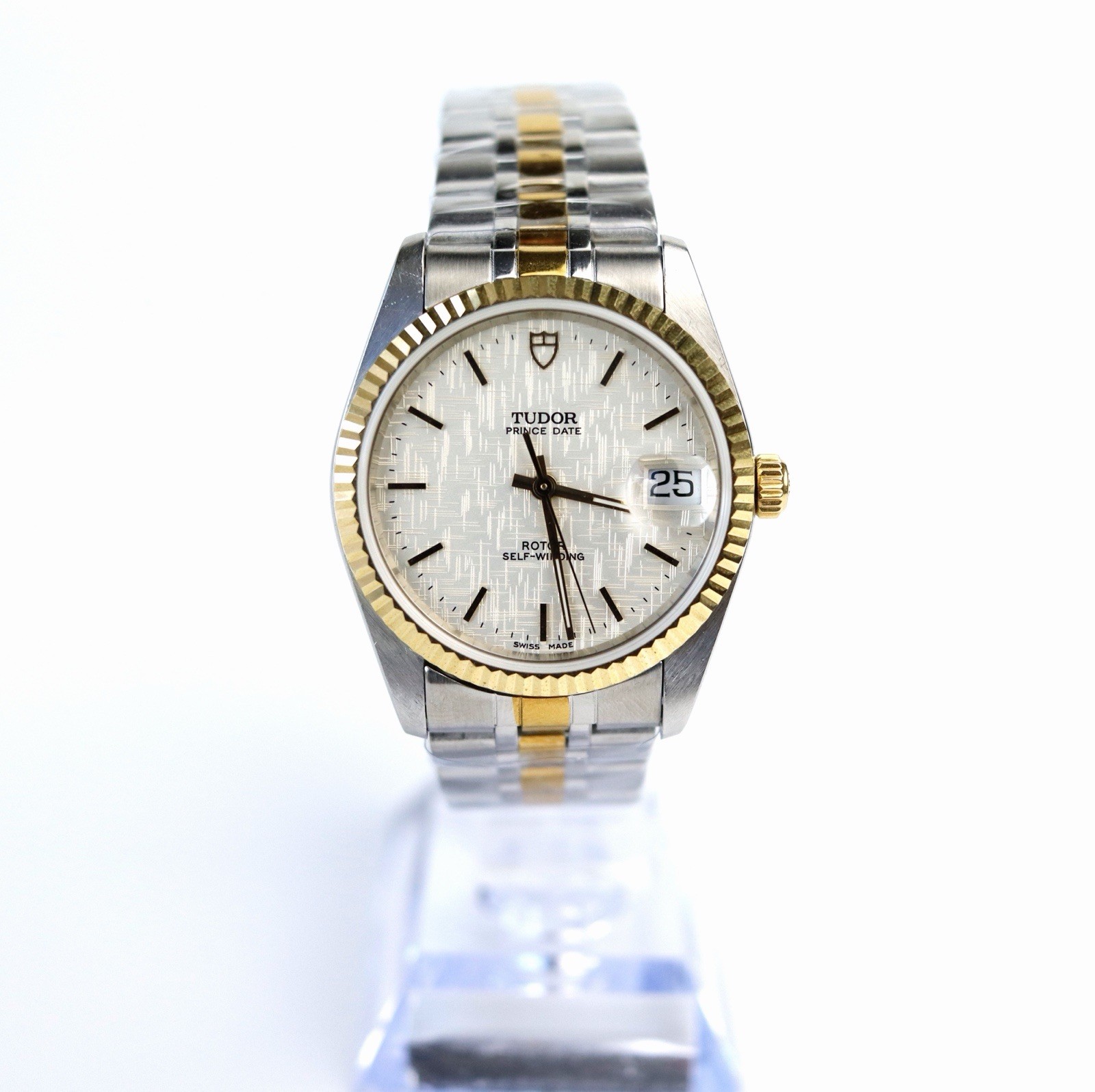 Tudor Rolex Prince Date White Silver Linen 18K Crown Automatic Two Tone Watch