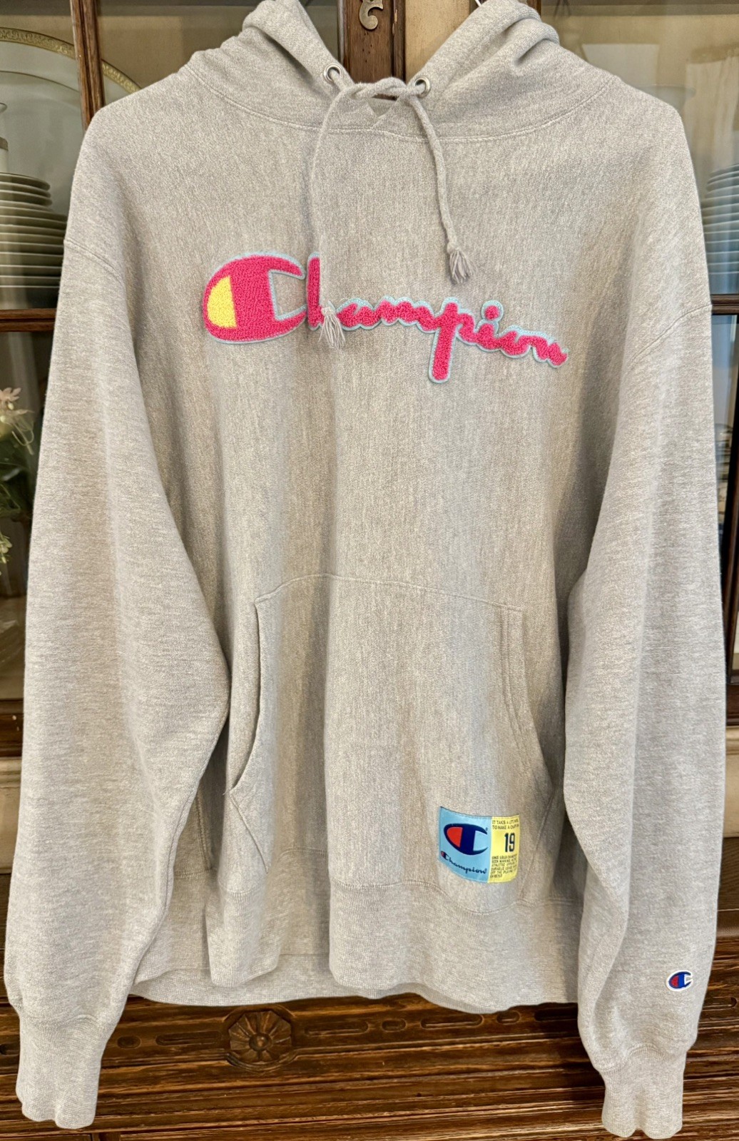 Vintage Champion Life Reverse Weave Hoodie CHENILLE Pink Logo Grey Men Large 