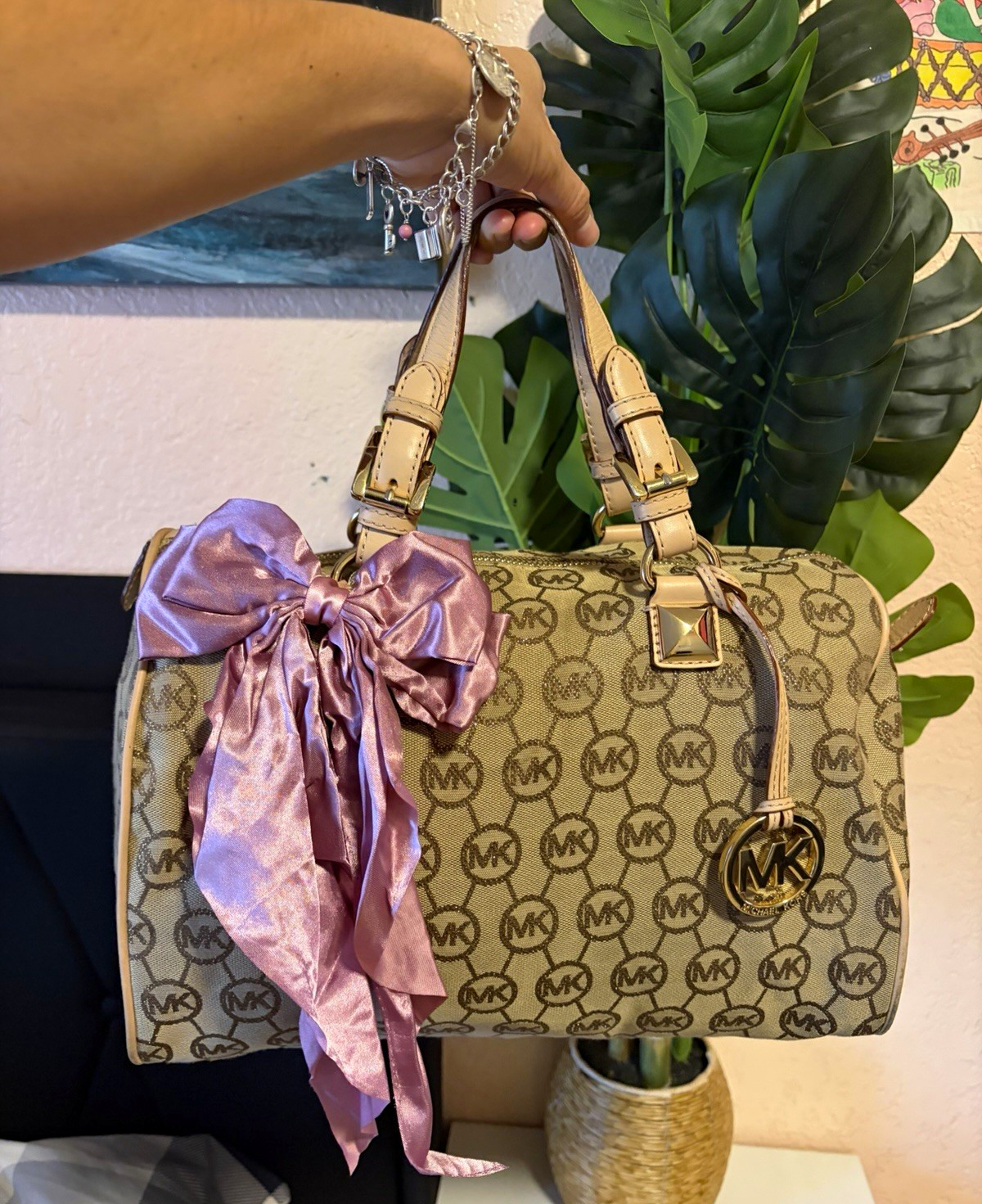 Michael Kors Monogram Satchel Top Handle Bag Beige/Brown, Bow, Charm, Zip