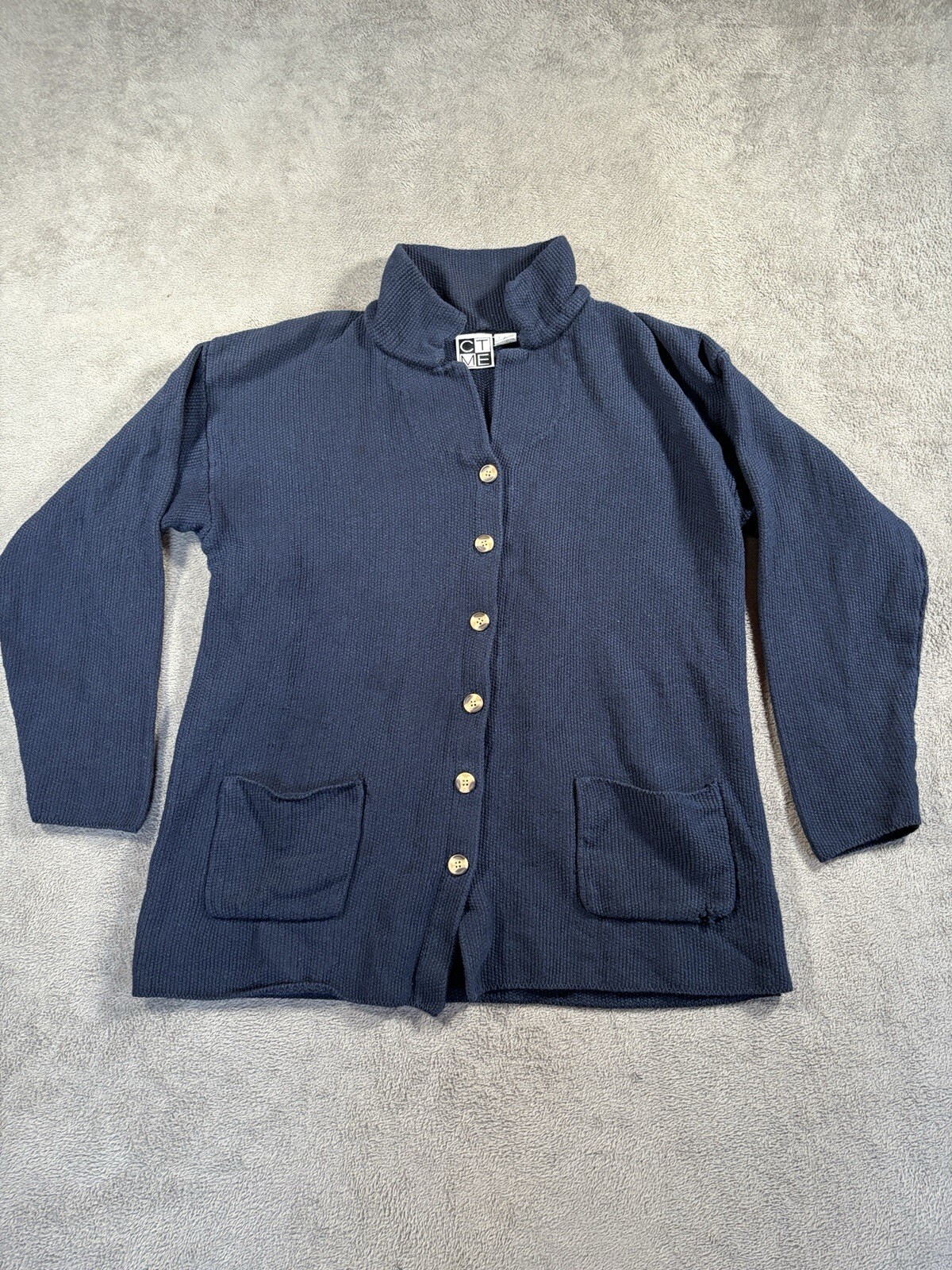 VINTAGE Cable Knit Cardigan Sweater Mens Large Blue Distressed Teacher 80s CTME*
