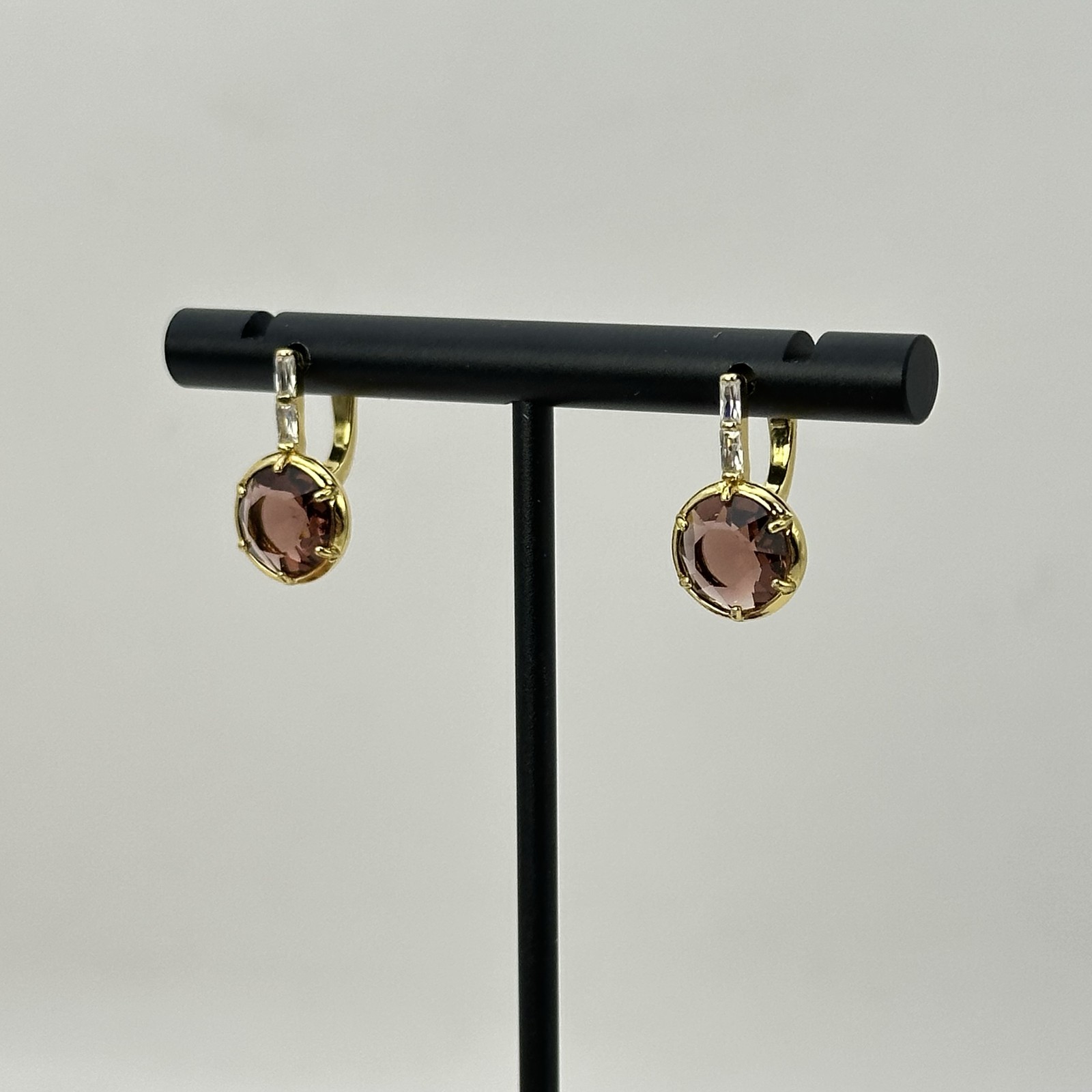 Anthropologie Womens Crystal Huggie Hoop Earrings Gold Tone/Brown