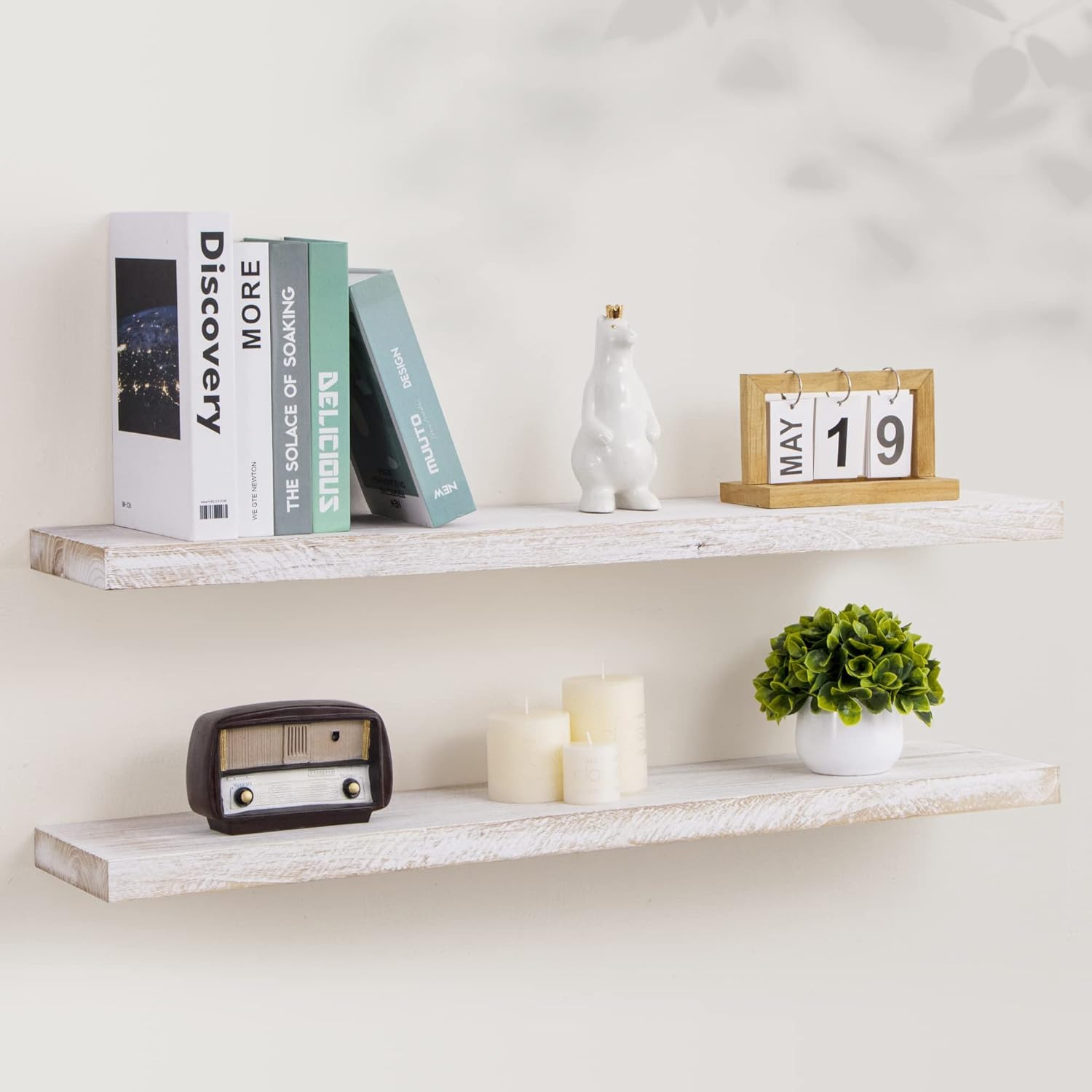 Rustic Elm Floating Wall Shelves, 36\'\' Set of 2 with Invisible Brackets Rustic Elm Floating Wall Shelves, 36\'\' Set of 2 with Invisible Brackets