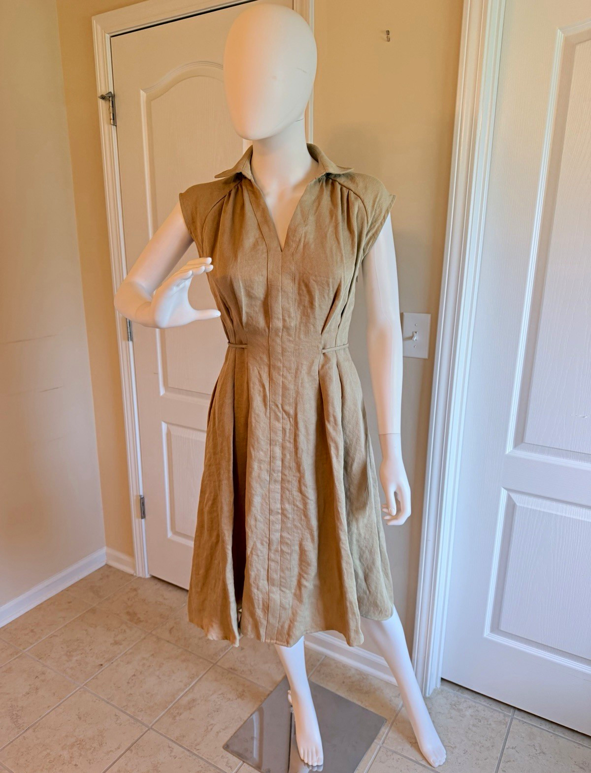 New OGL Tan Collared Waist-Defined Viscose/Linen Midi Dress w/drawstring Size XS