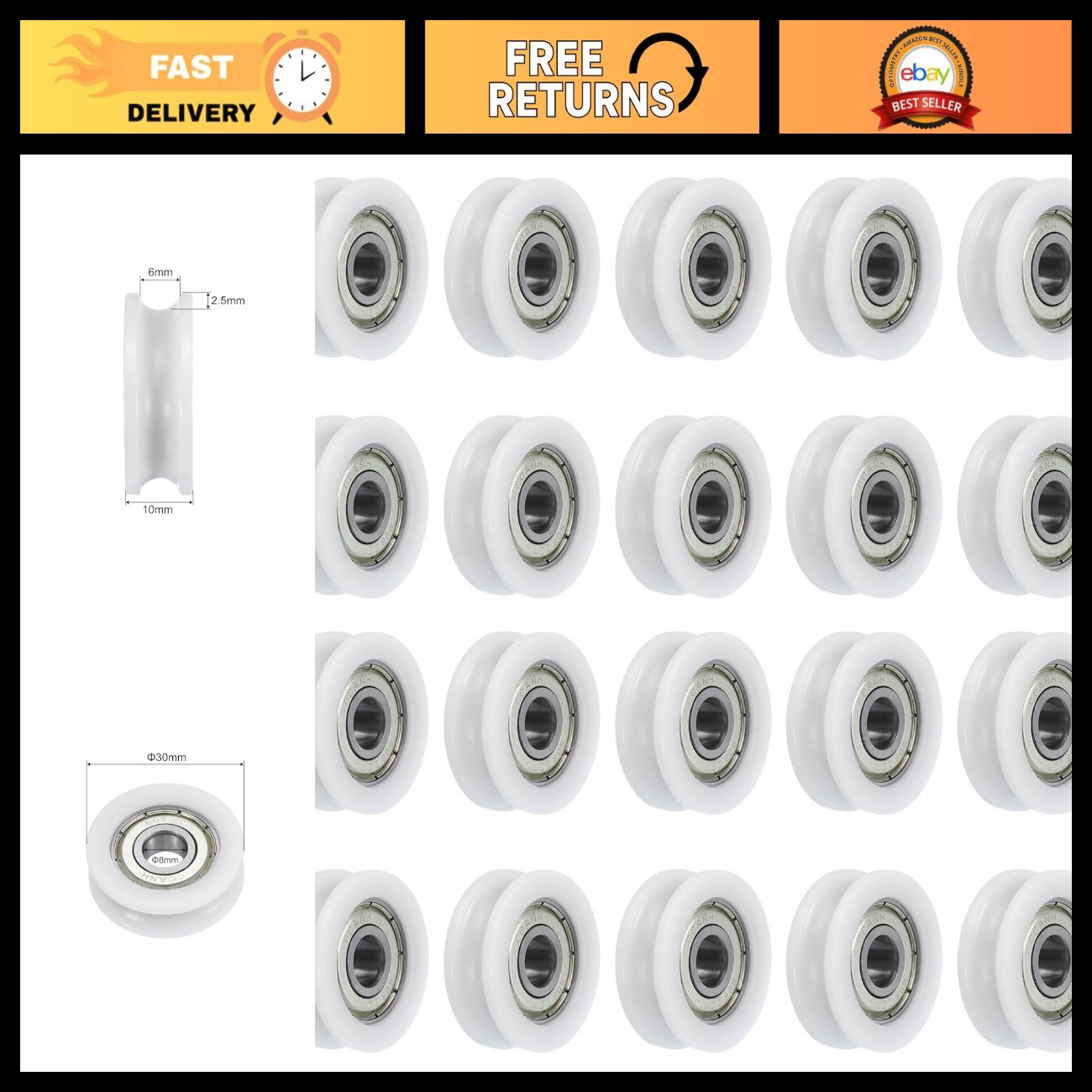 20pcs U608ZZ Nylon Pulley U-Groove Ball Bearings 8x30x10mm Chrome Steel Wheels