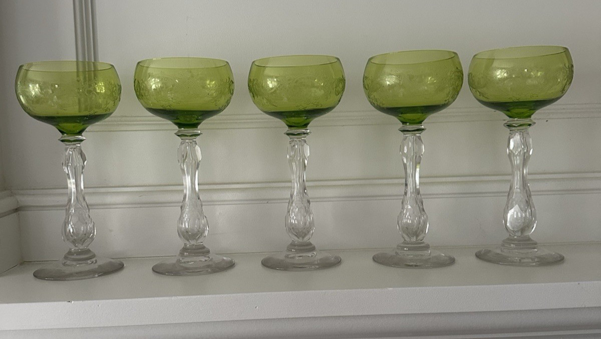 Vintage St. Louis chartreuse etched wine hocks - set of 5