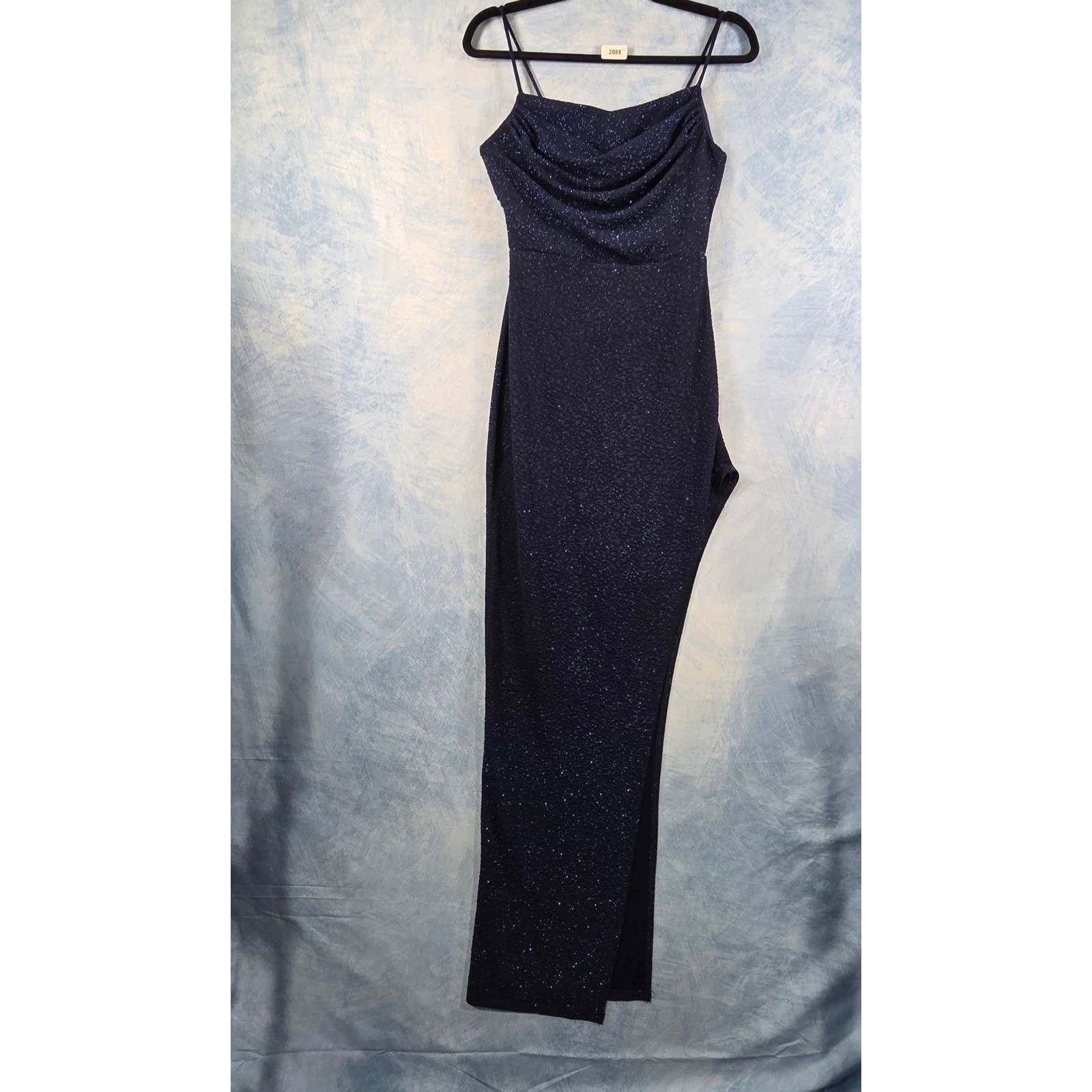 Windsor Navy Blue Glitter Cowl Neck Maxi Dress High Slit Formal Gown Womens M